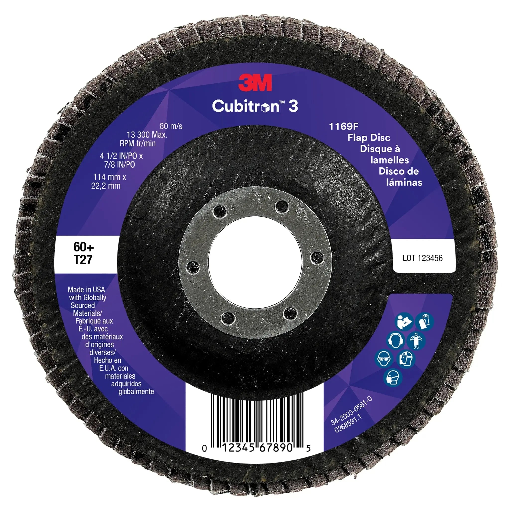 3M Cubitron 3 7100380348/1169F Flap Disc, 60+, T27-Flat, 4-1/2 in x 7/8 in, Case of 10Â
