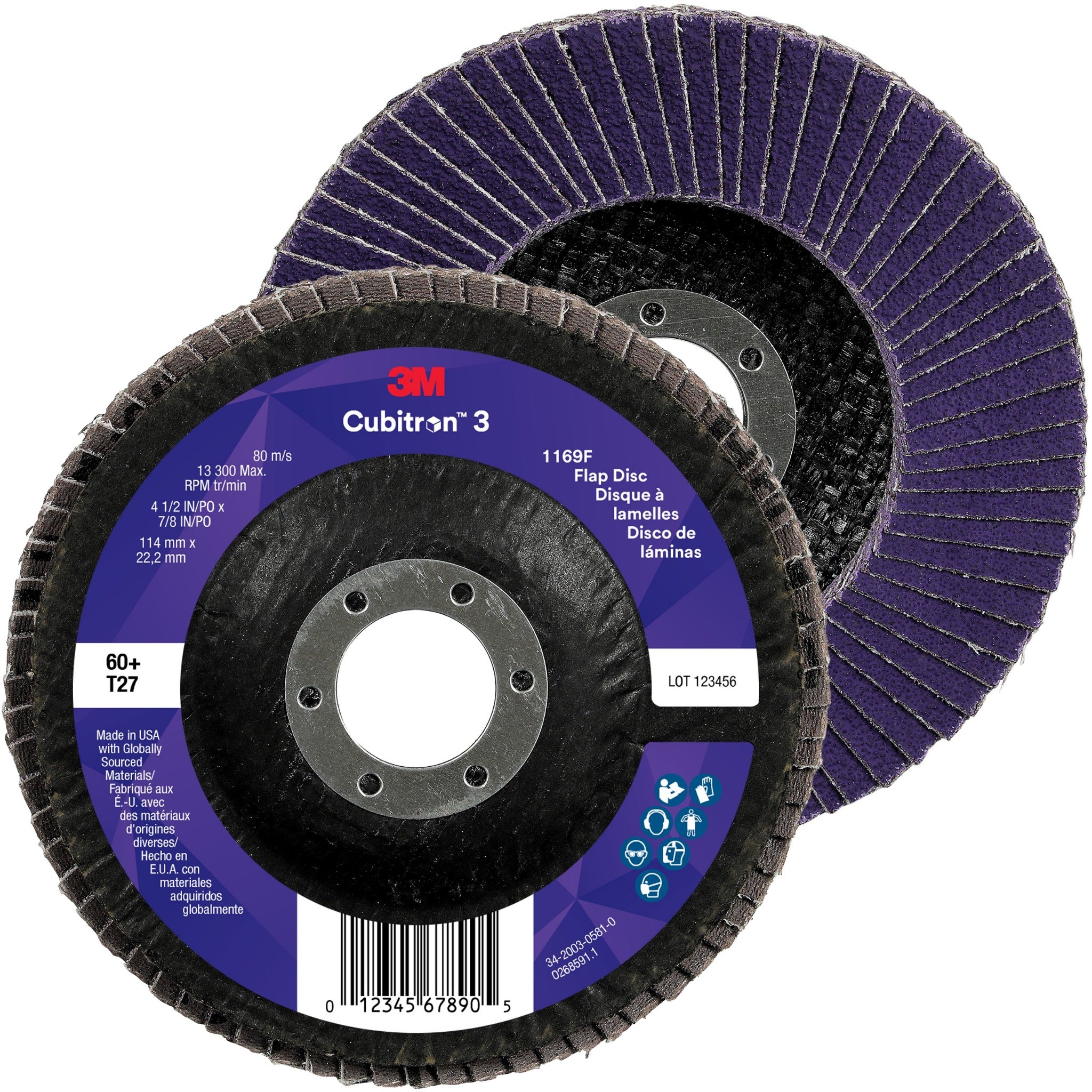 3M Cubitron 3 7100380348/1169F Flap Disc, 60+, T27-Flat, 4-1/2 in x 7/8 in, Case of 10