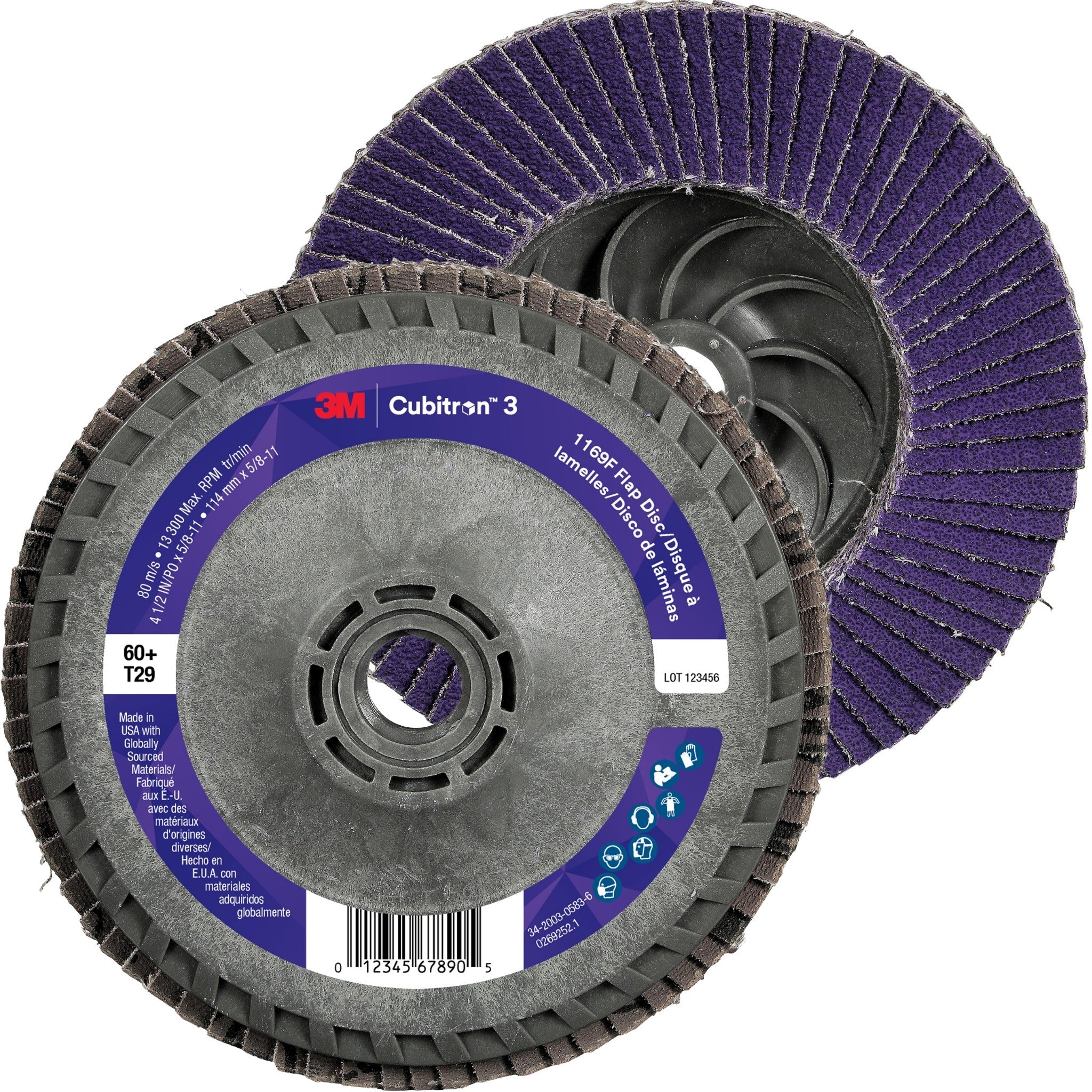 3M Cubitron 3 7100380349/1169F Flap Disc, 60+, T29-Conical Quick Change, 4-1/2 in x 5/8 in-11, Case of 10