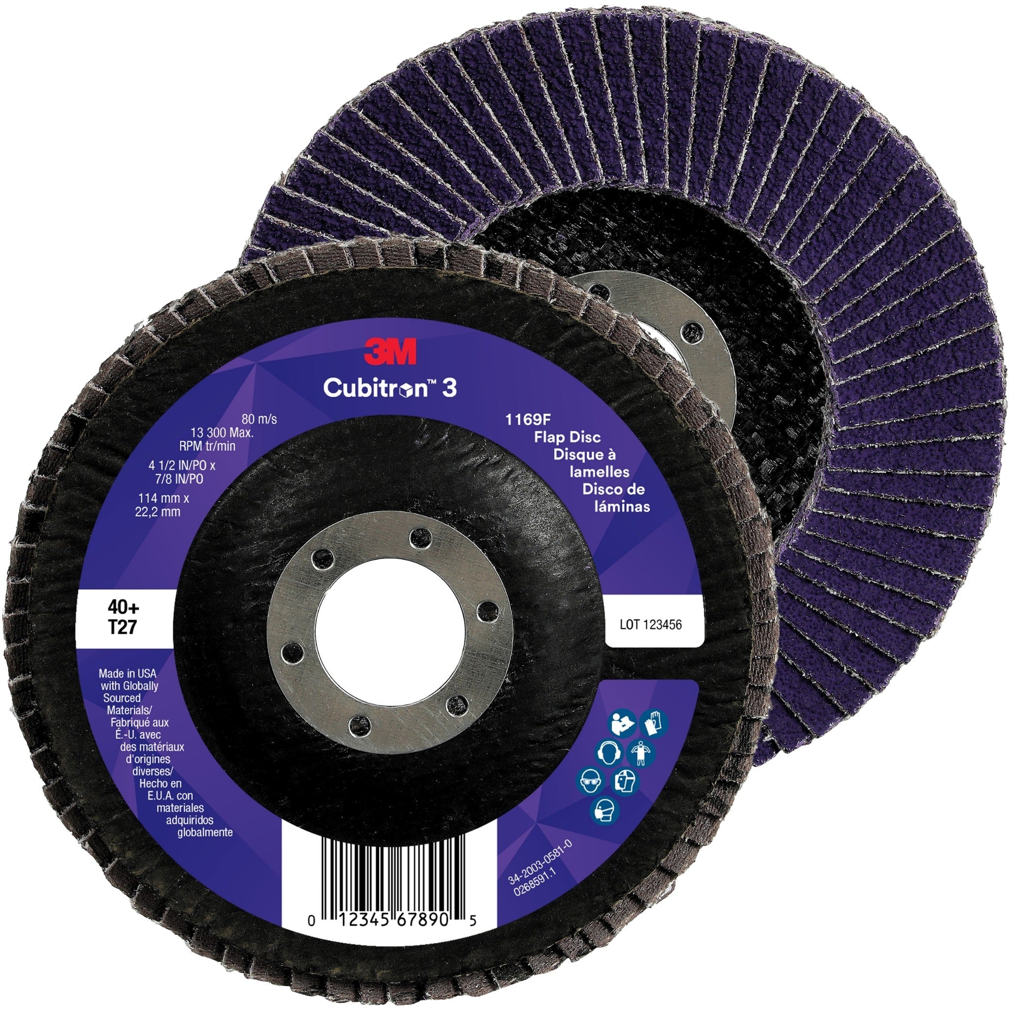 3M Cubitron 3 7100380474/1169F Flap Disc, 40+, T27-Flat, 4-1/2 in x 7/8 in, Case of 10