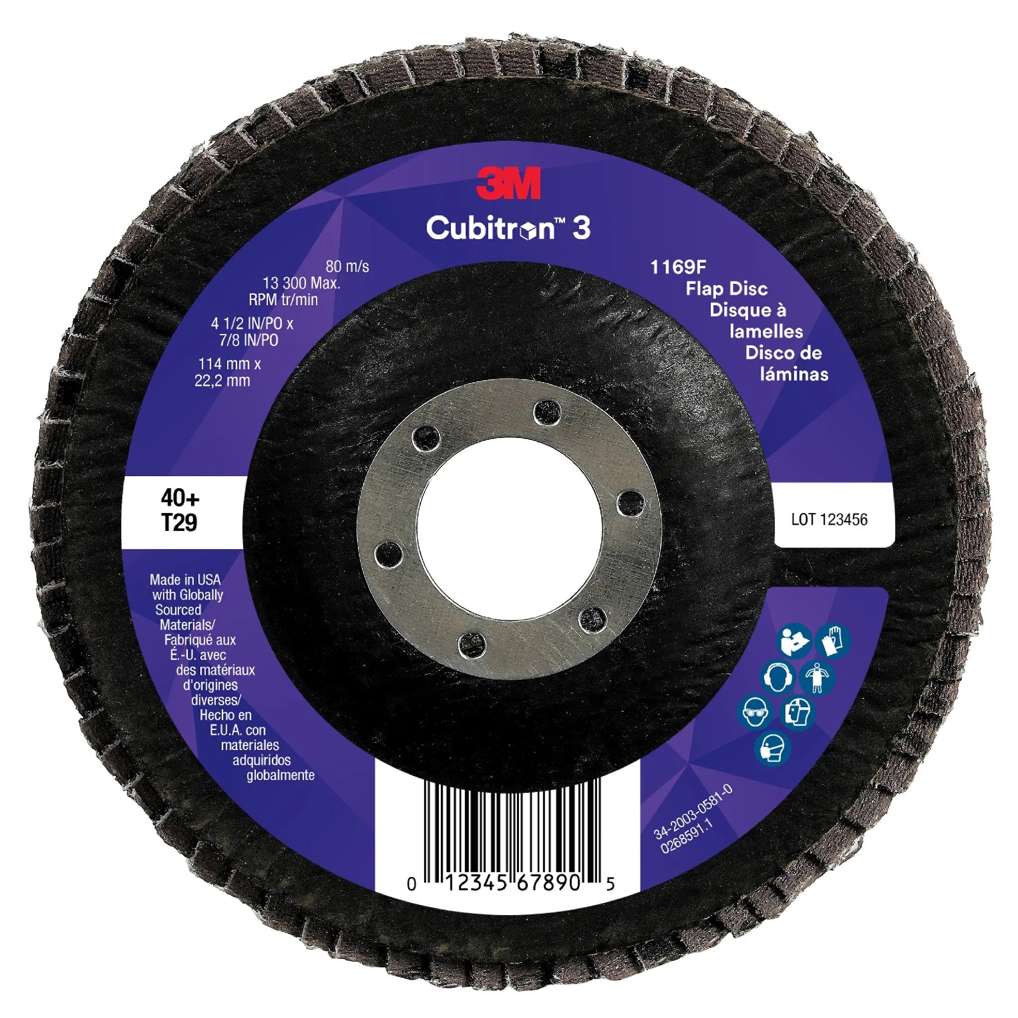 3M Cubitron 3 7100380484/1169F Flap Disc, 40+, T29-Conical, 4-1/2 in x 7/8 in, Case of 10