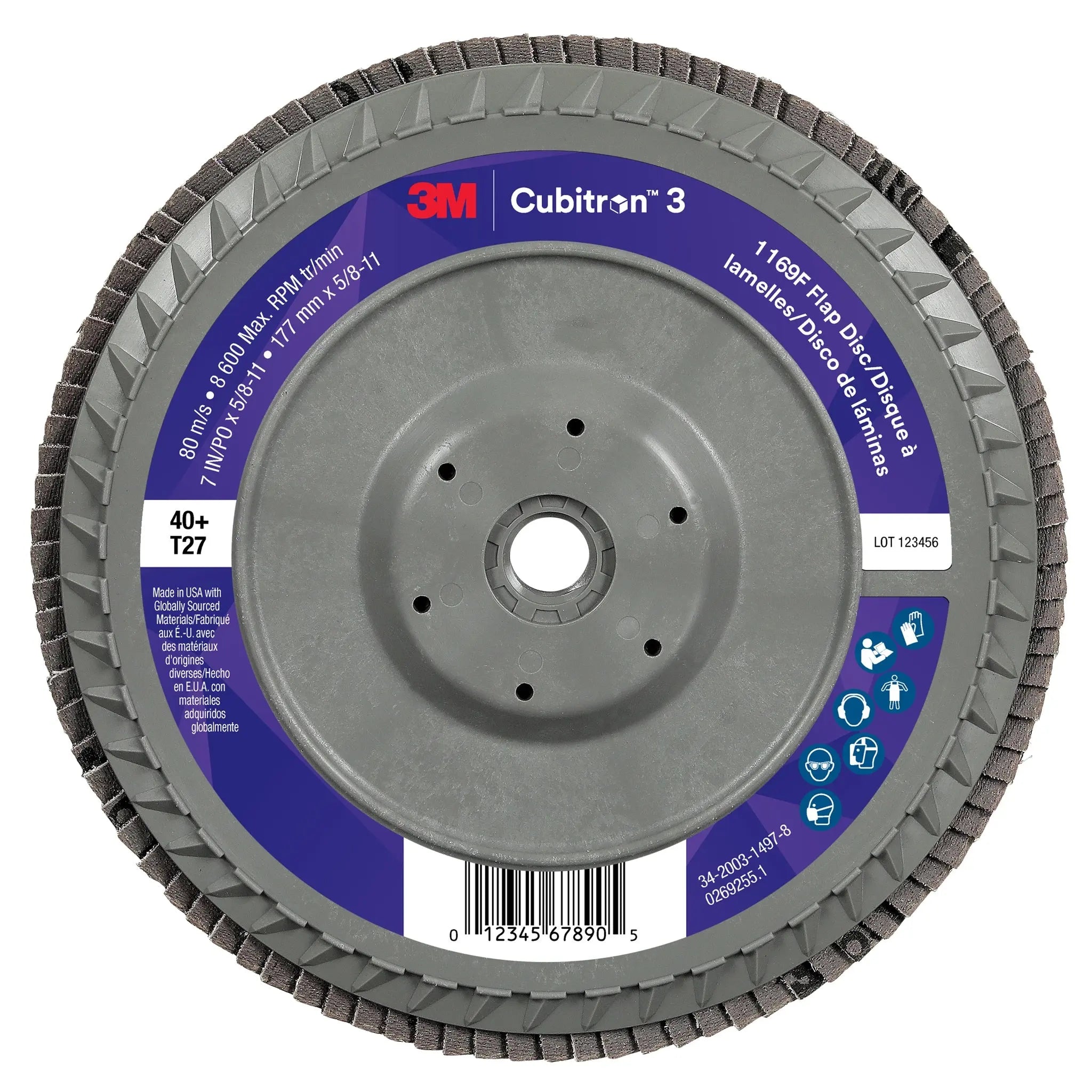 3M Cubitron 3 7100380485/1169F Flap Disc, 40+, T27-Flat Quick Change, 7 in x 5/8 in-11, Back