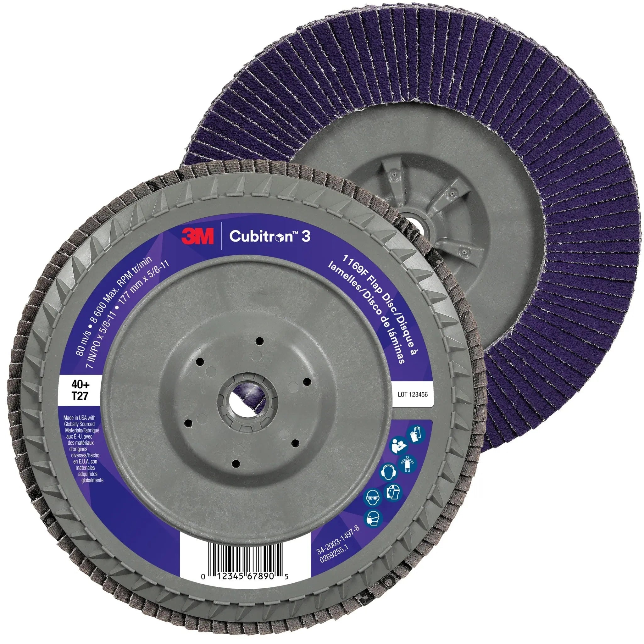 3M Cubitron 3 7100380485/1169F Flap Disc, 40+, T27-Flat Quick Change, 7 in x 5/8 in-11, Case of 5