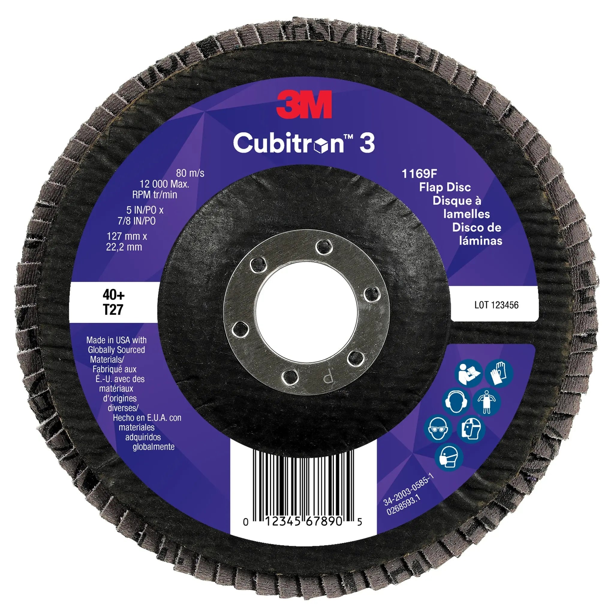 3M Cubitron 3 7100380493/1169F Flap Disc, 40+, T27-Flat, 5 in x 7/8 in, Back