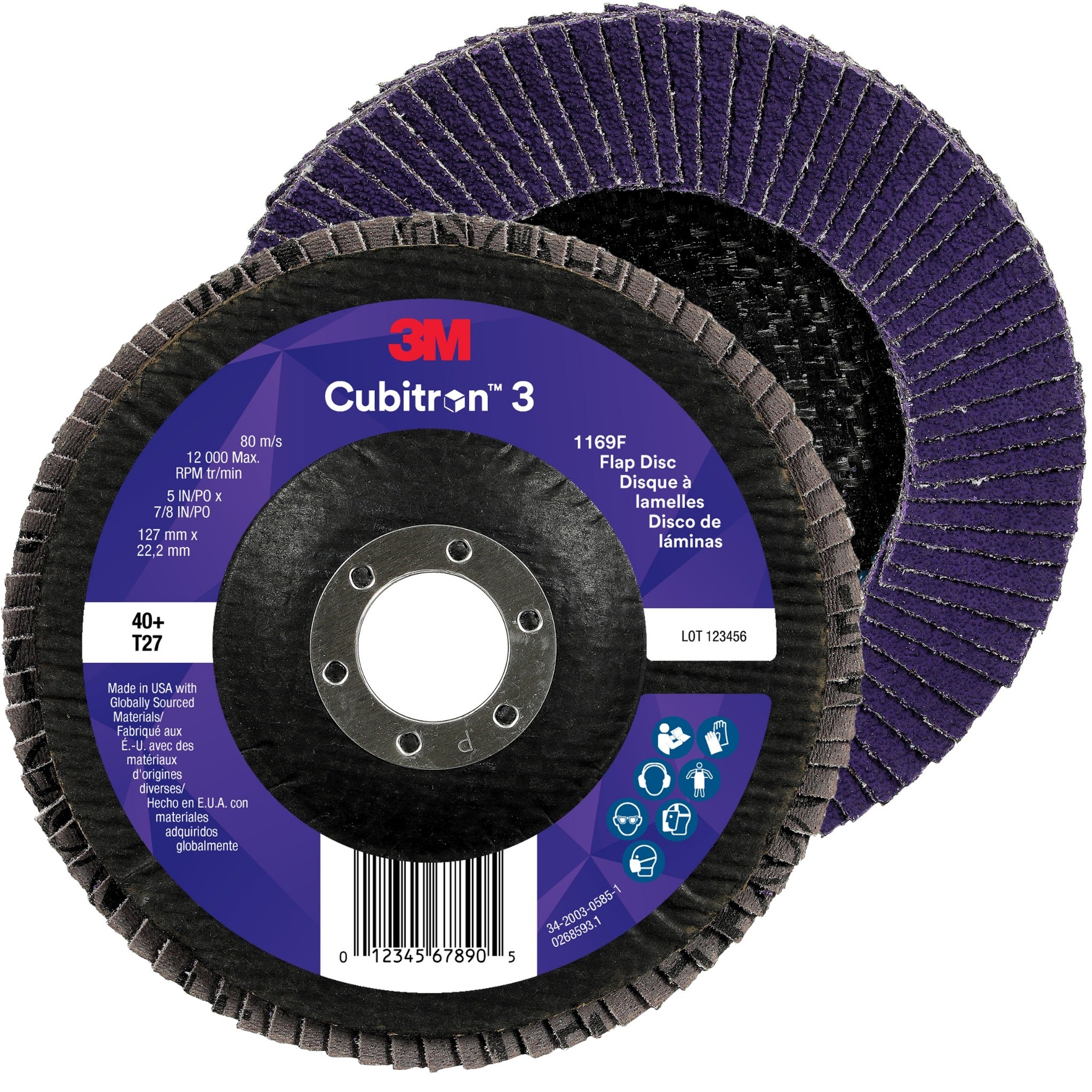 3M Cubitron 3 7100380493/1169F Flap Disc, 40+, T27-Flat, 5 in x 7/8 in, Main Image