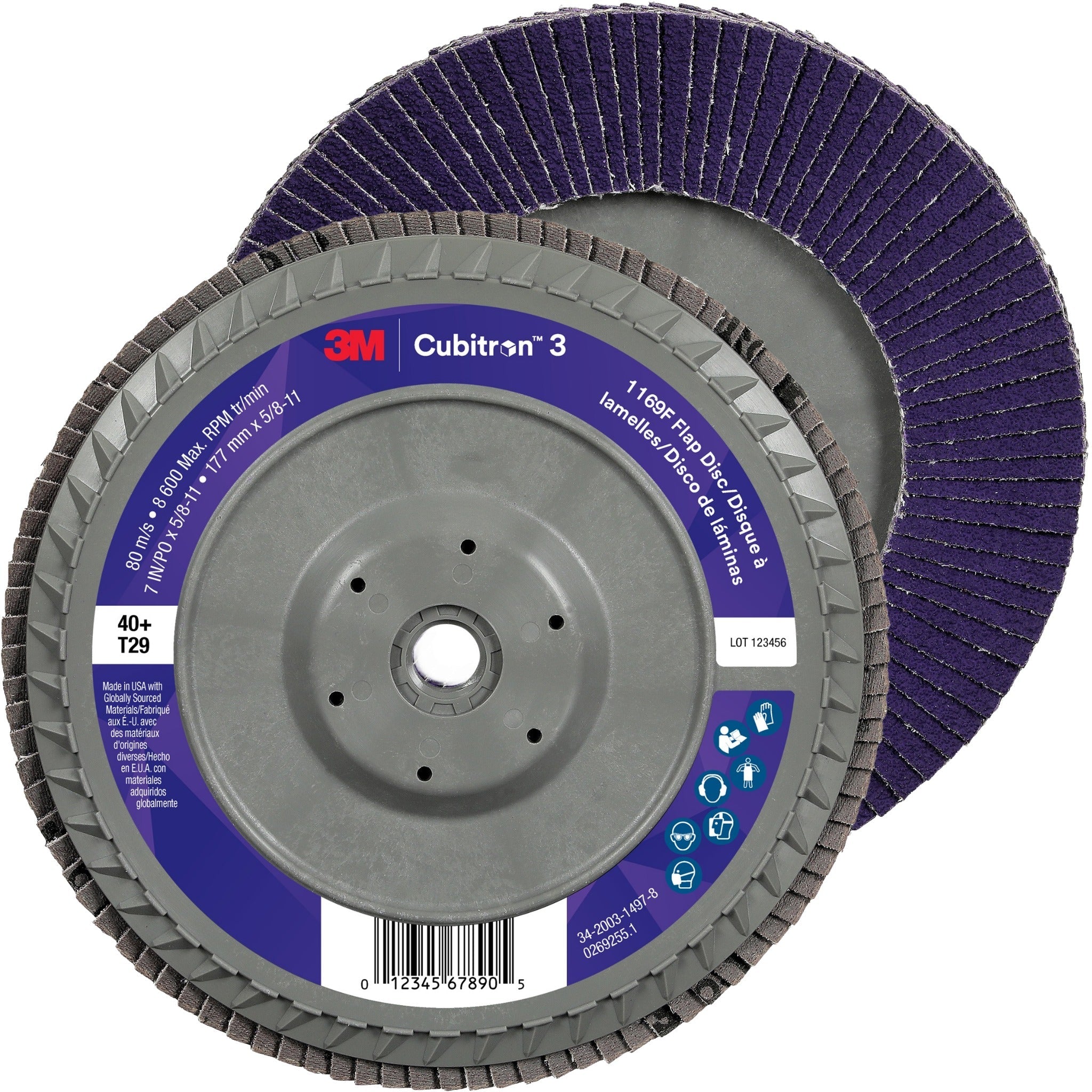 3M Cubitron 3 7100380495/1169F Flap Disc, 40+, T29-Conical Quick Change, 7 in x 5/8 in-11, Case of 5