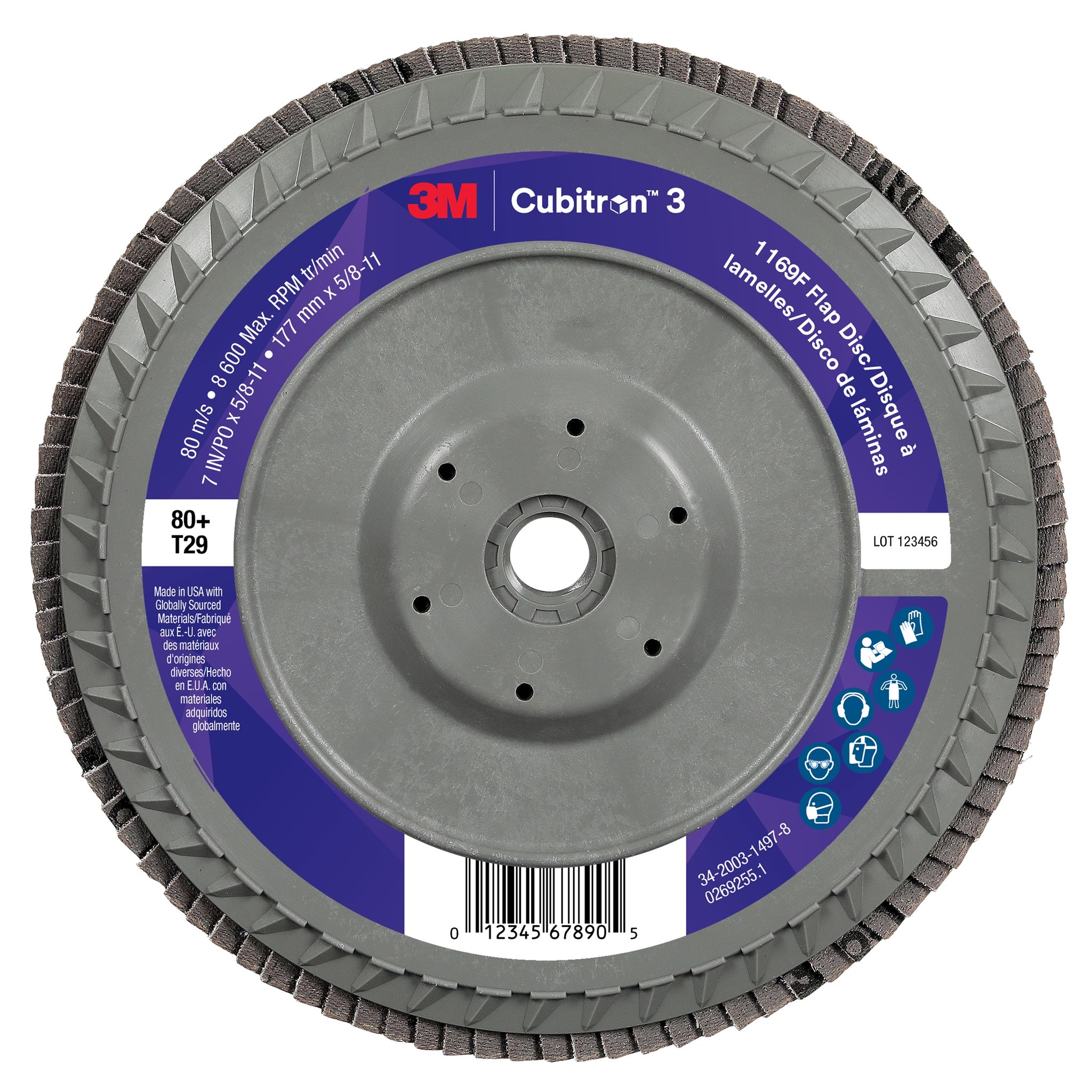 3M Cubitron 3 7100380504/1169F Flap Disc, 80+, T29-Conical Quick Change, 7 in x 5/8 in-11, Case of 5