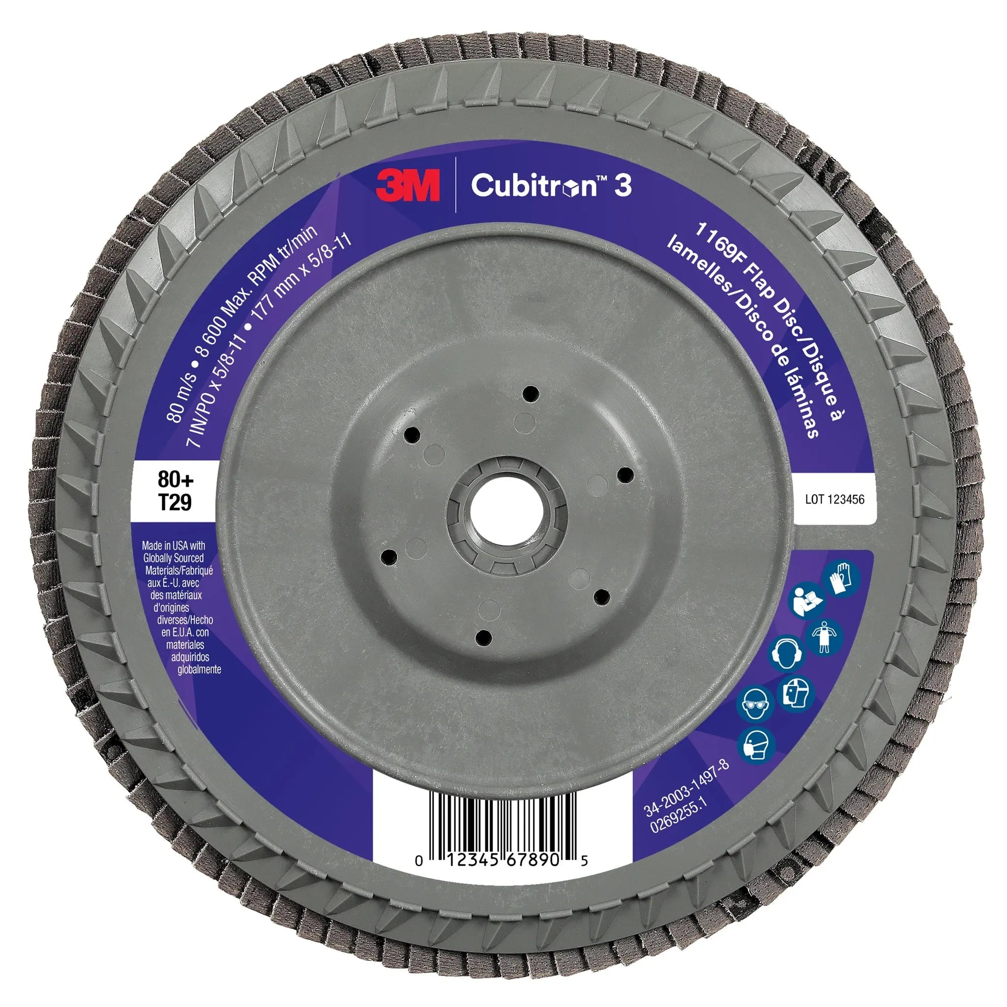 3M Cubitron 3 7100380504/1169F Flap Disc, 80+, T29-Conical Quick Change, 7 in x 5/8 in-11, Case of 5Â