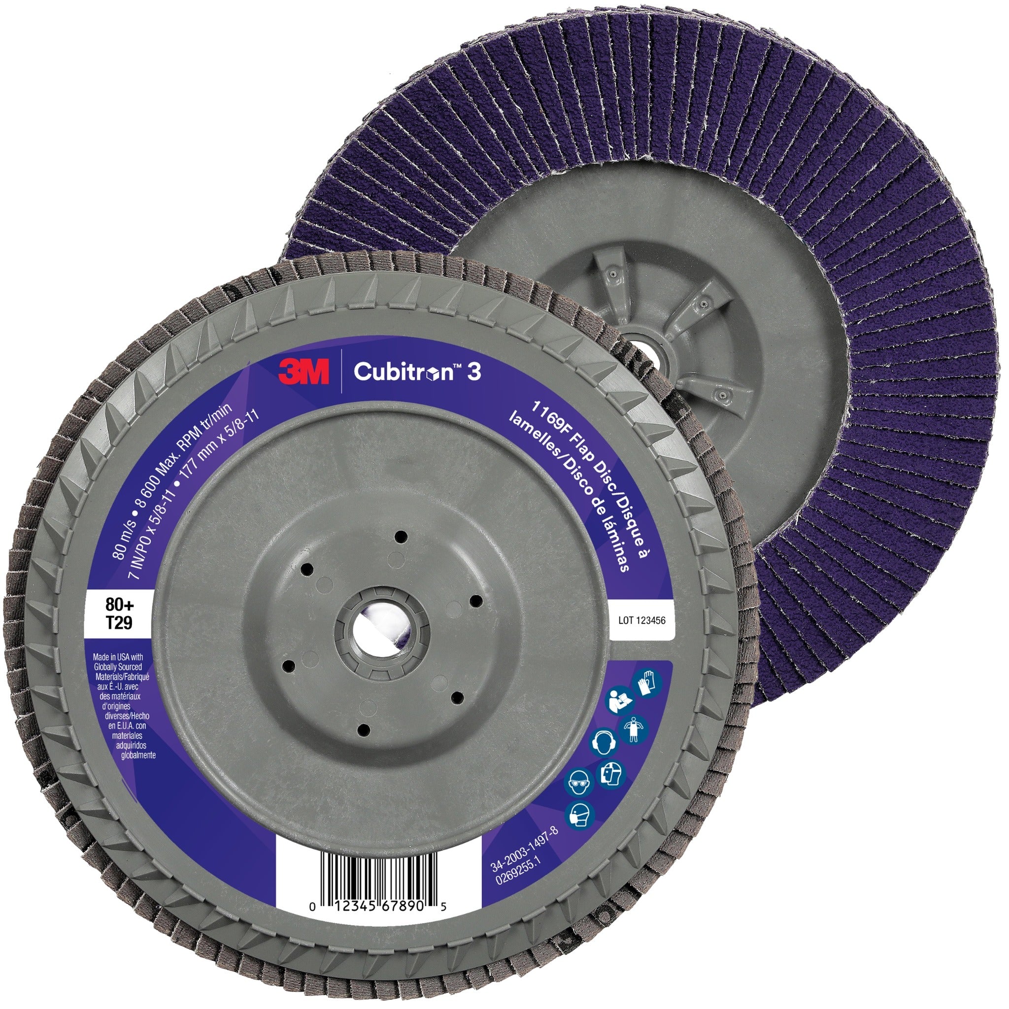 3M Cubitron 3 7100380504/1169F Flap Disc, 80+, T29-Conical Quick Change, 7 in x 5/8 in-11, Case of 5
