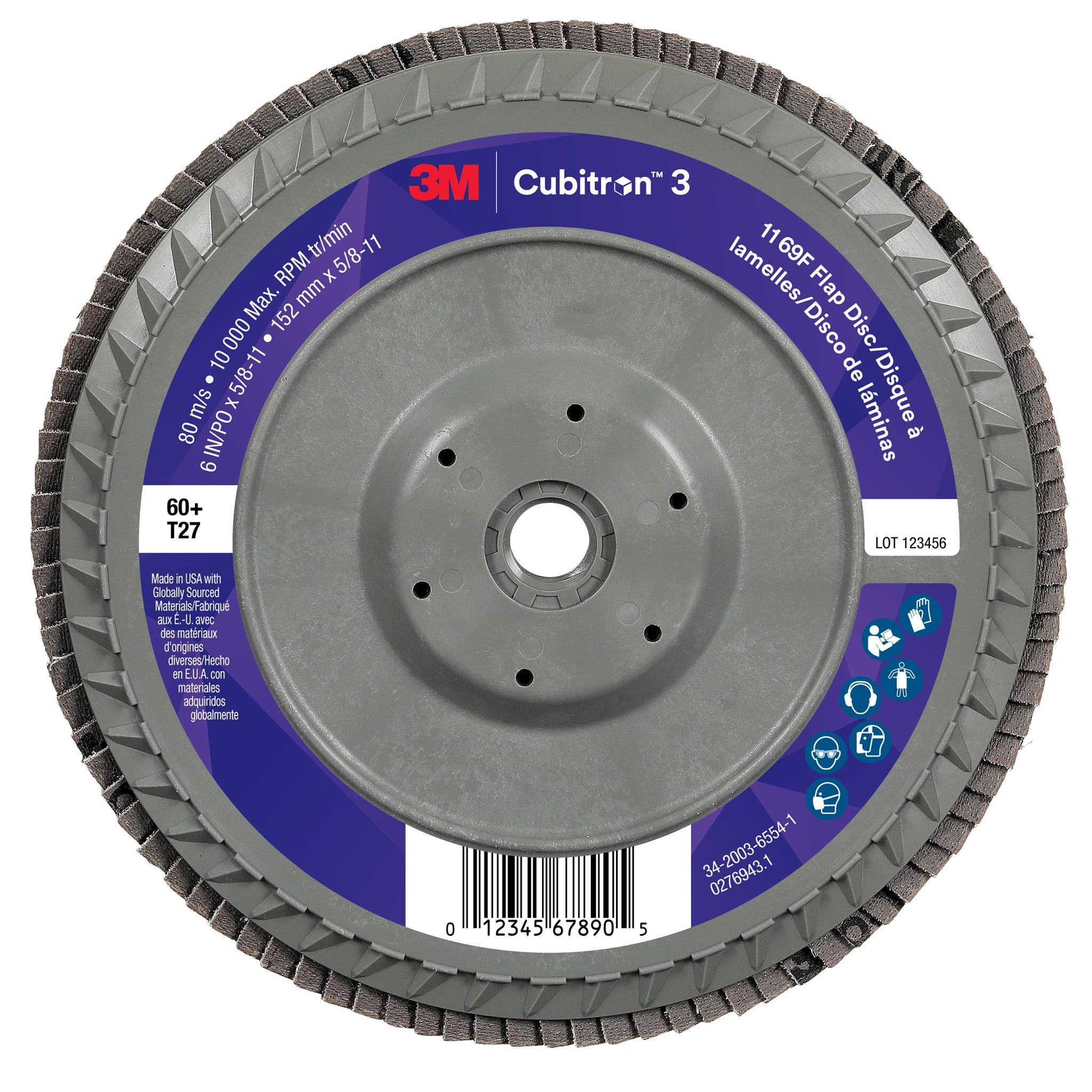 3M Cubitron 3 7100380505/1169F Flap Disc, 60+, T27-Flat Quick Change, 6 in x 5/8 in-11, Case of 5