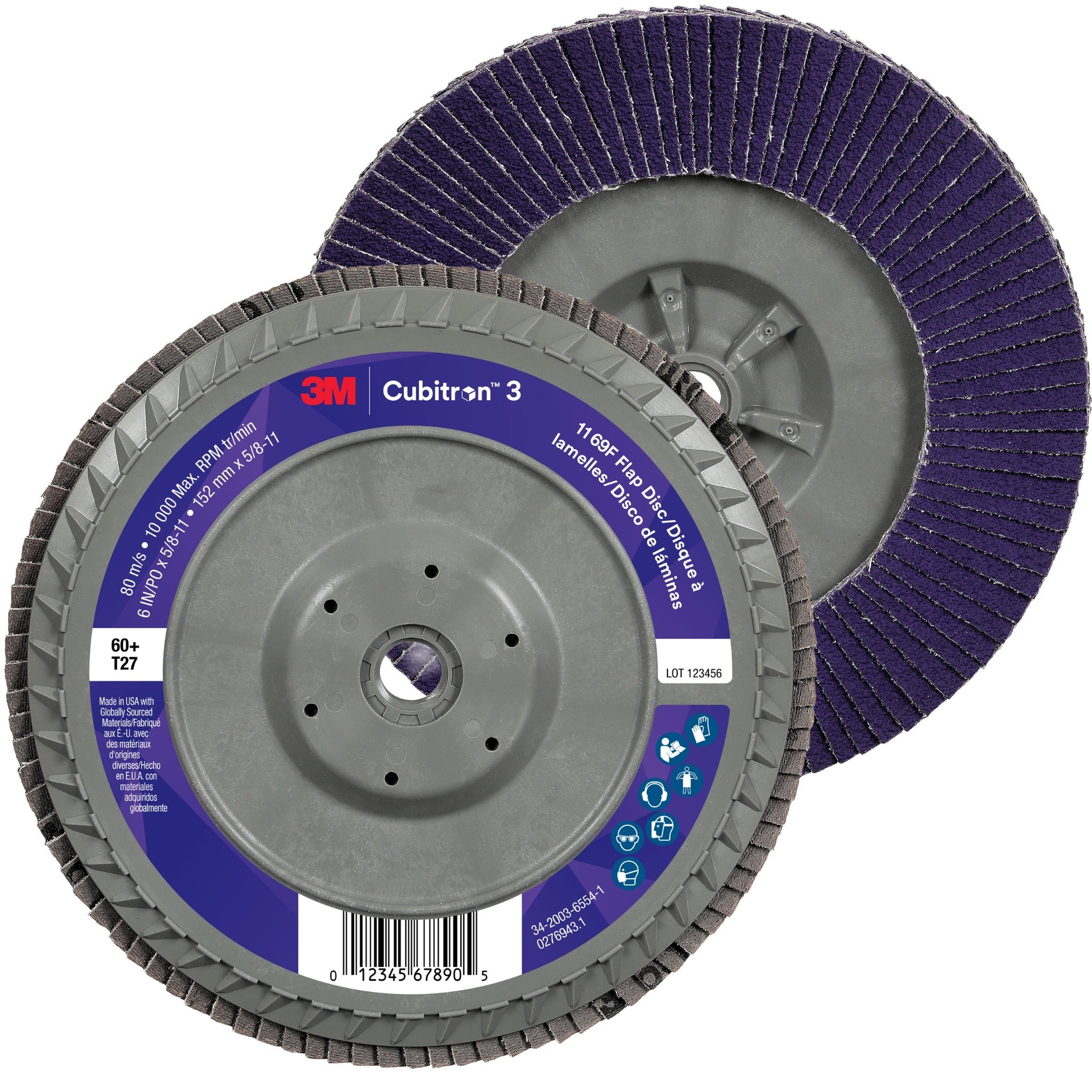 3M Cubitron 3 7100380505/1169F Flap Disc, 60+, T27-Flat Quick Change, 6 in x 5/8 in-11, Case of 5