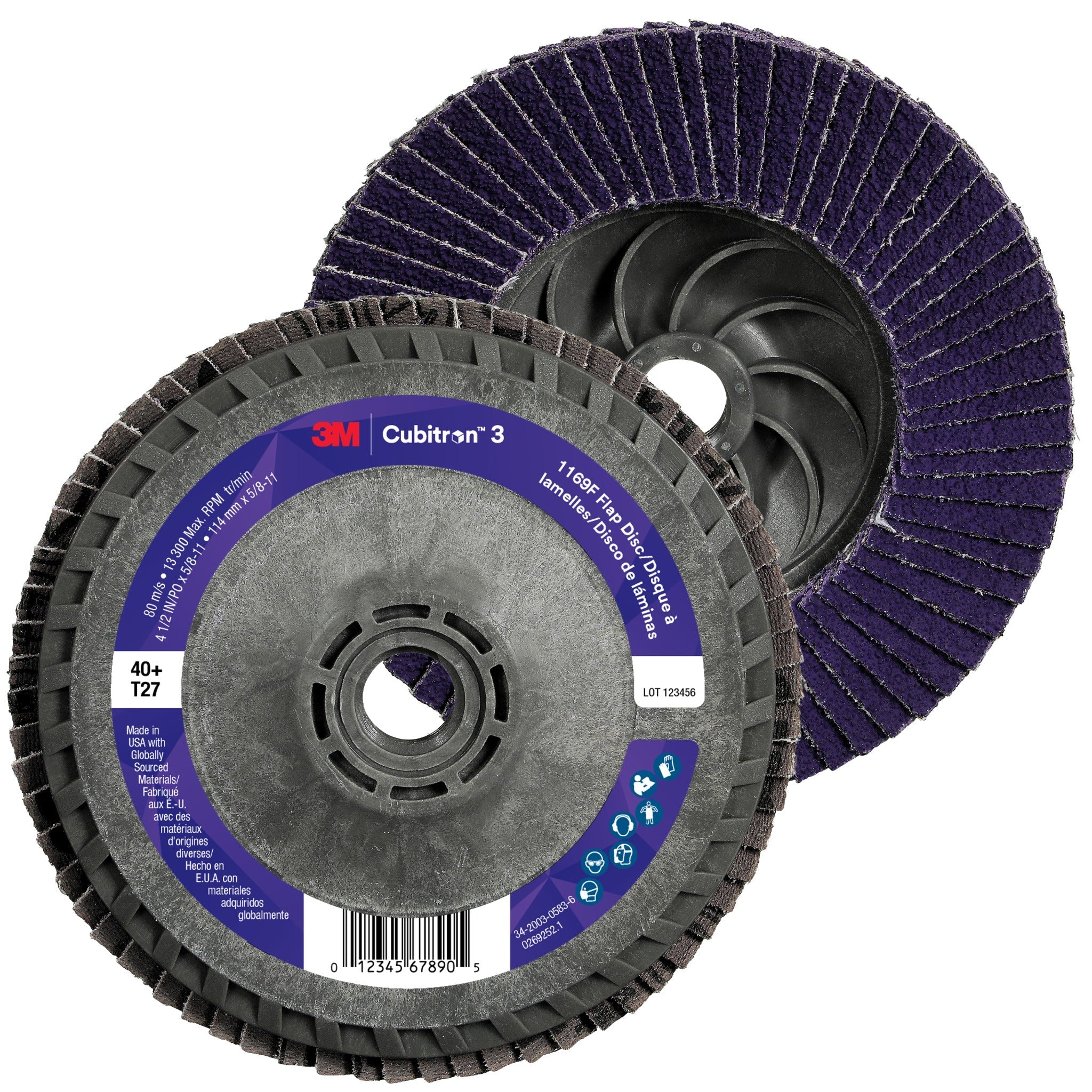 3M Cubitron 3 7100404324/1169F Flap Disc, 40+, T27-Flat Quick Change, 4-1/2 in x 5/8 in-11, Case of 10