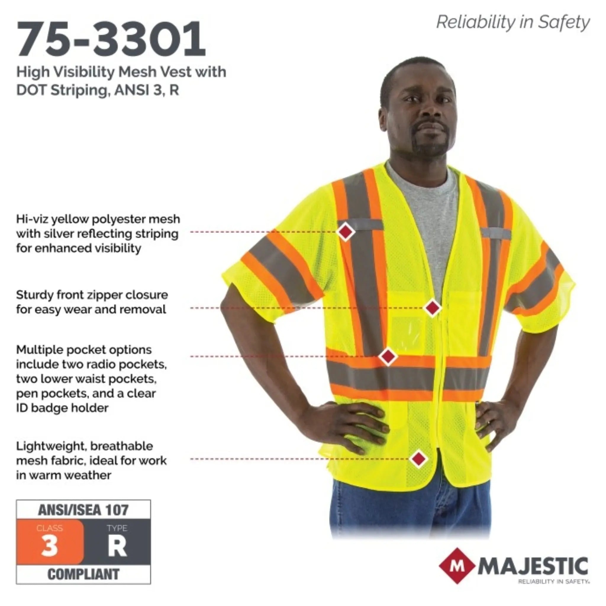 MAJESTIC GLOVE 75-3301 High Visibility Mesh Vest with DOT Striping, ANSI 3, R-Spec