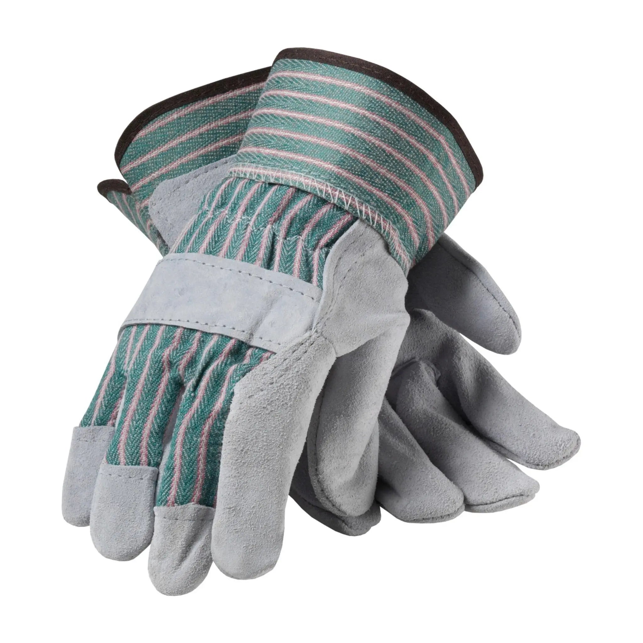PIP 84-6532/L Economy Grade Split Cowhide Leather Palm Glove with Fabric Back and Rubberized Safety Cuff_Flat