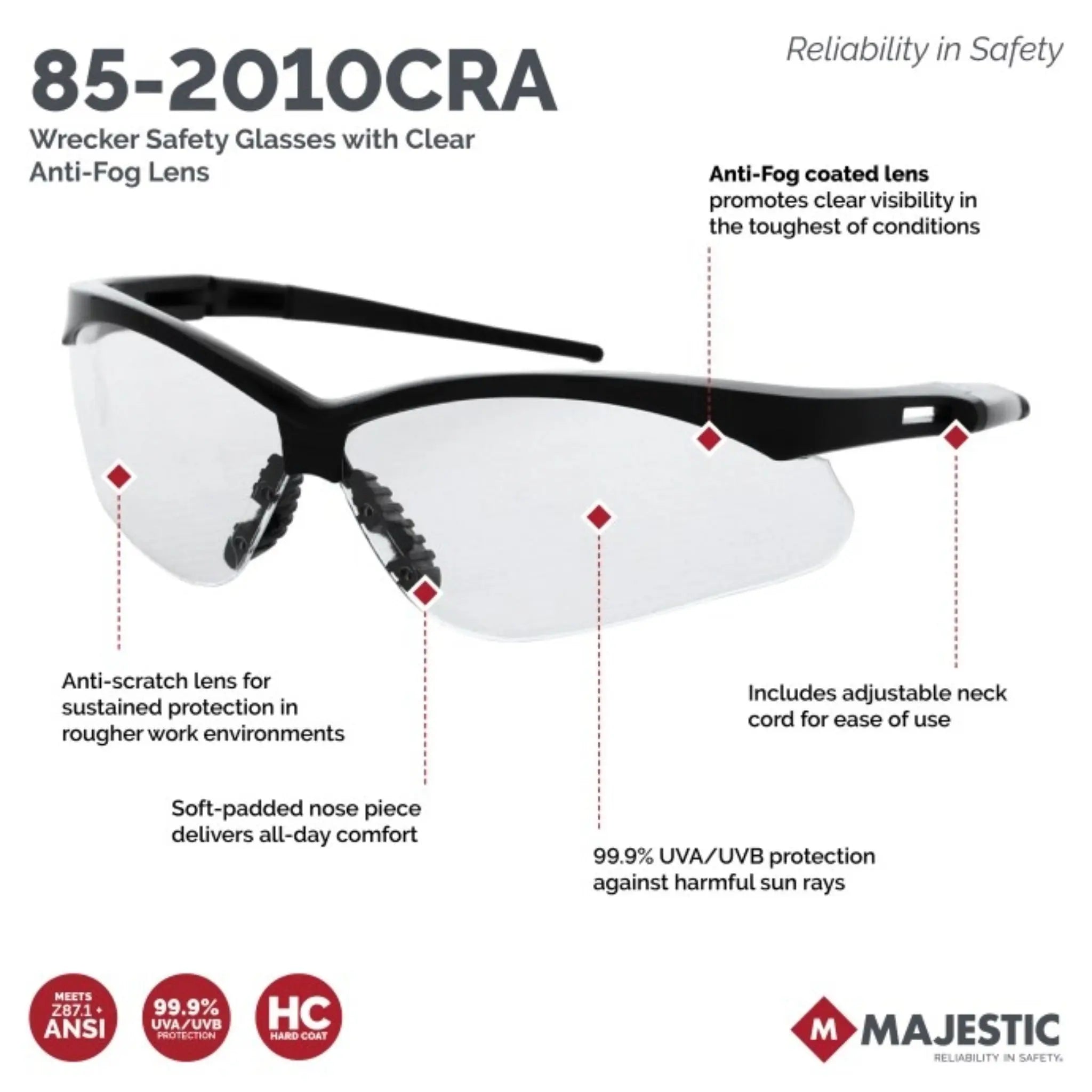 MAJESTIC GLOVE 85-2010CRA Wrecker Safety Glasses with Clear Anti-Fog Lens, Clear Anti-Fog-spec