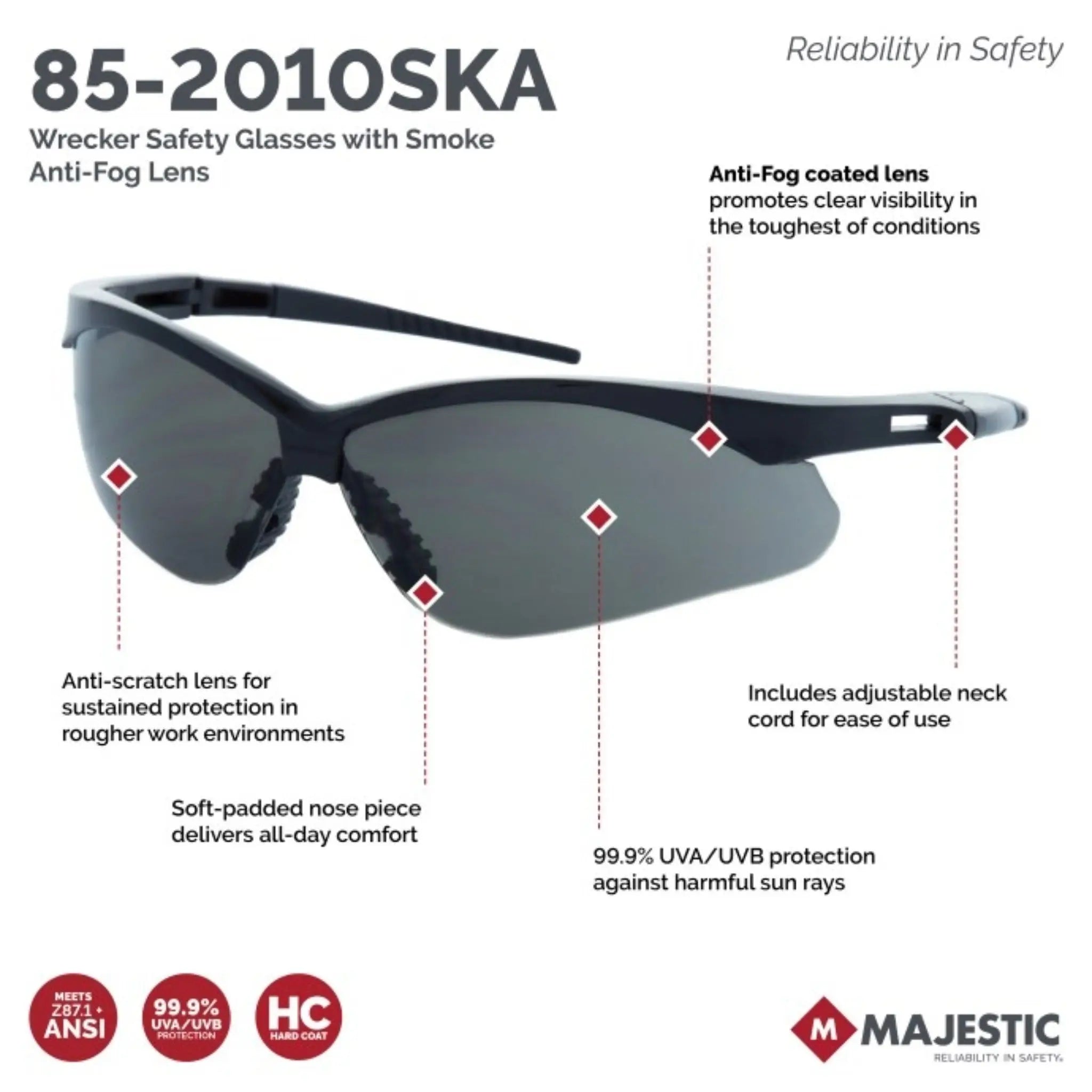 MAJESTIC GLOVE 85-2010SKA Wrecker Safety Glasses-spec
