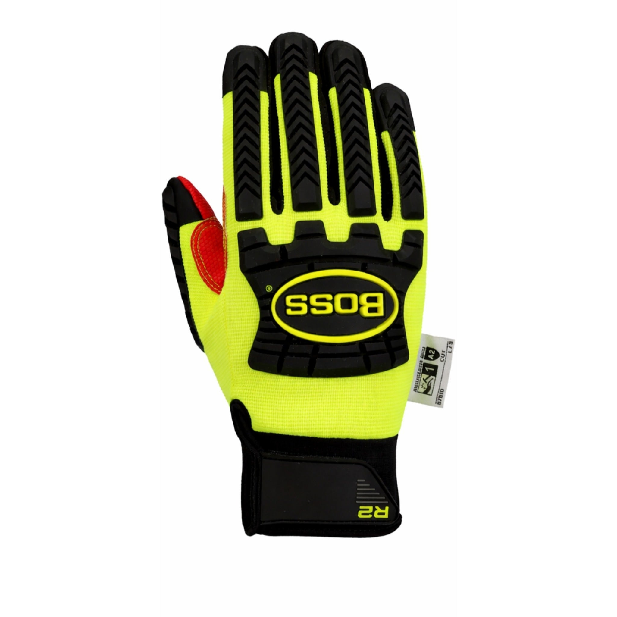 PIP Boss 87810 R2 Safety Rigger Synthetic Leather Double Palm with Silicone Grip, Fabric Back and TPR Impact Protection Glove, Hi-Vis Yellow, 1 Pair