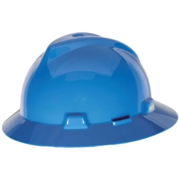 MSA Blue V Gard Polyethylene Slotted Full Brim Hard Hat Fas Trac Ratchet Suspension (1 EA)