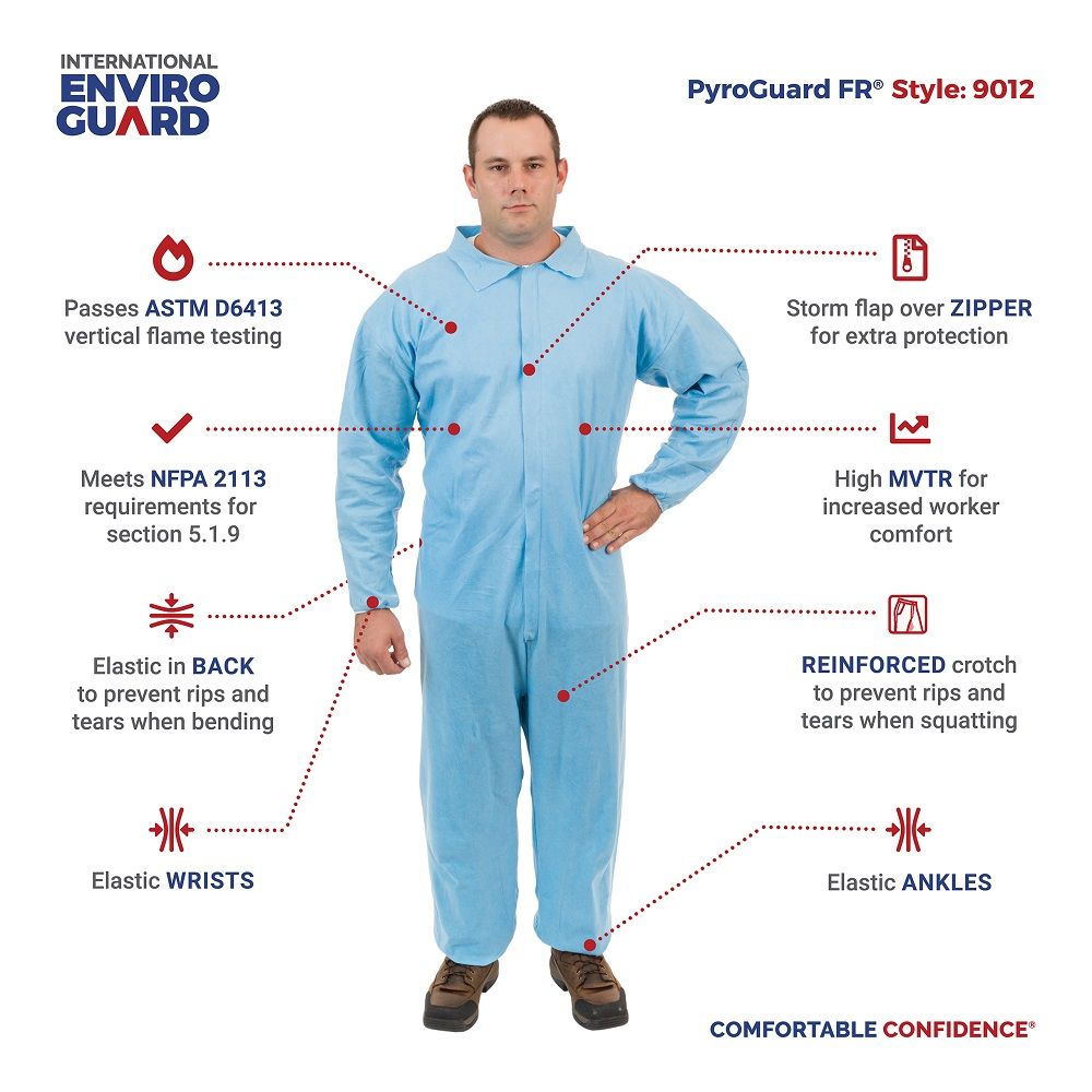 International Enviroguard PyroGuard FR 9012 Outer layer FR Standard Coverall, Elastic Wrist, Open Ankle, Blue, Case of 25