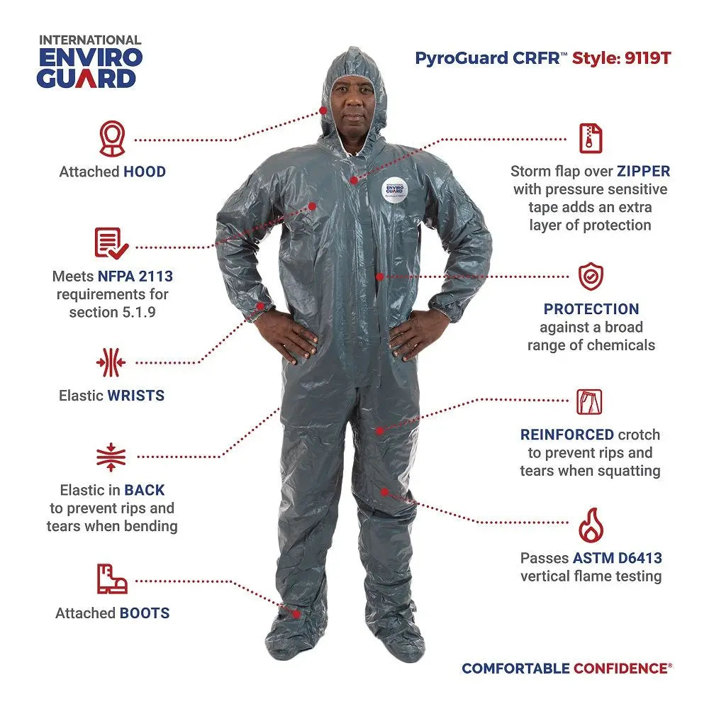 International Enviroguard PyroGuard CRFR 9119T Fire and Chemical Resistant Coverall with Attached Hood and Boots, Taped Seams, Elastic Wrists, Green, Case of 6
