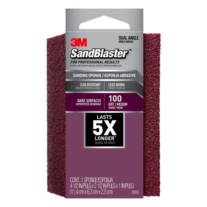 3M™ SandBlaster™ EDGE DETAILING Sanding Sponge, 9560 ,100 grit, 4 1/2 in x 2 1/2 x 1 in, Case of 12