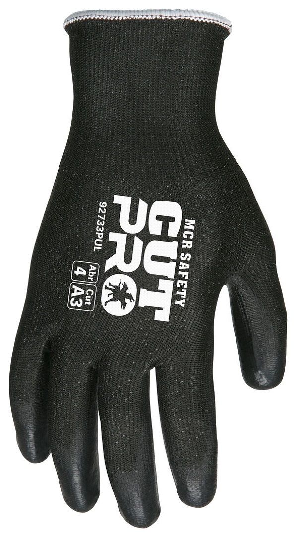 MCR Safety Cut Pro 92733PU 13 Gauge HyperMax Shell, ANSI Cut Level 3 Polyurethane Coated Work Gloves, Black, Box of 12 Pairs