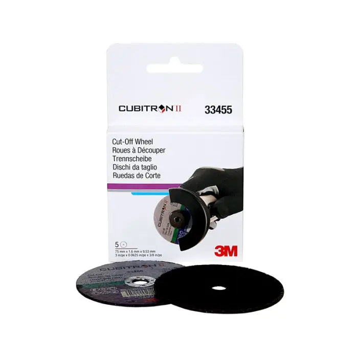 3M™Cubitron™II Cut-Off Wheel, 33455, 75 mm x 1.6 mm x 9.53 mm (3 in x .0625 in x 3/8 in), 5 wheels per carton, 6 cartons per case
