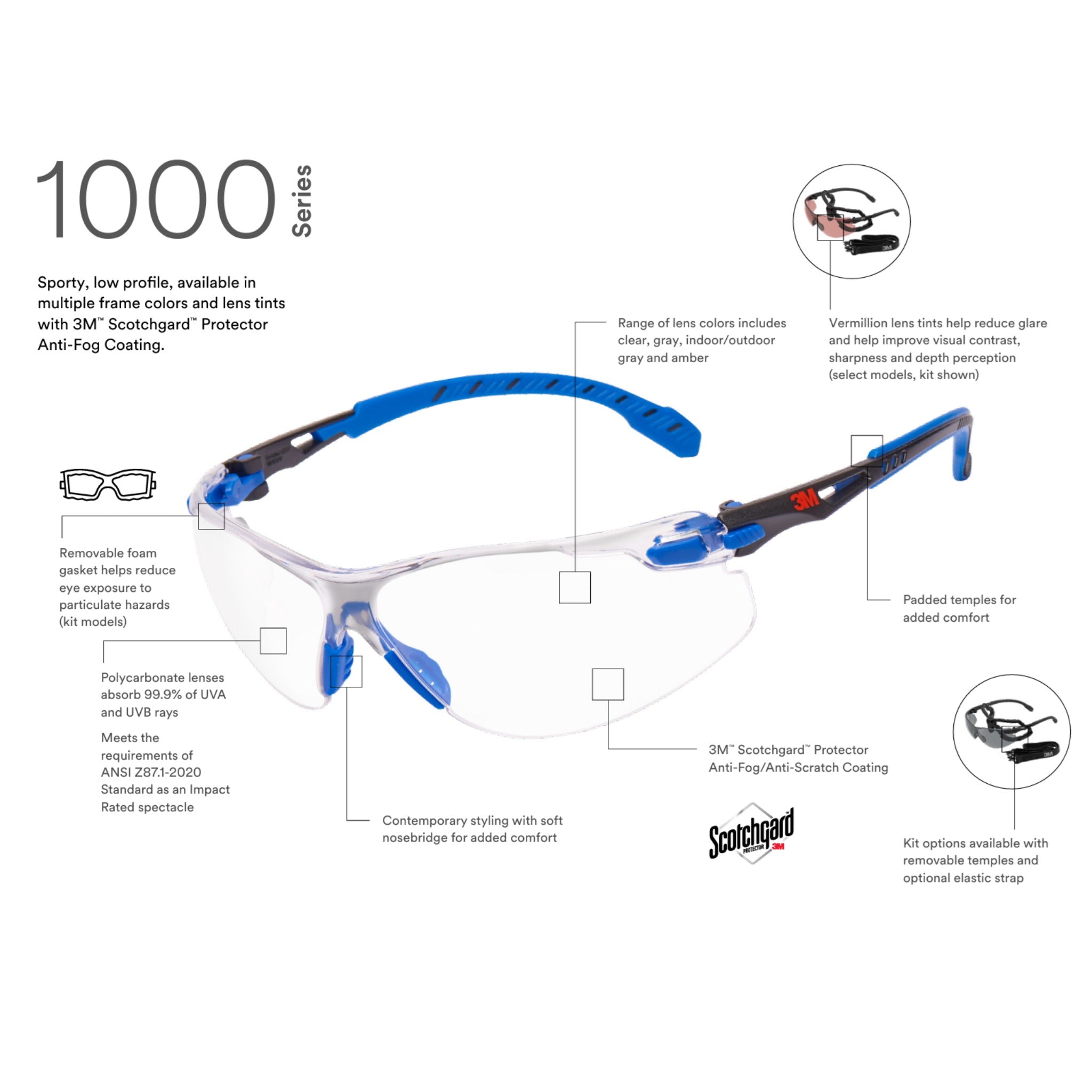 3M Solus 1000-Series Safety Glasses S1101SGAF Black-Blue Clear Scotchgard Anti-Fog Lens, 1 Each