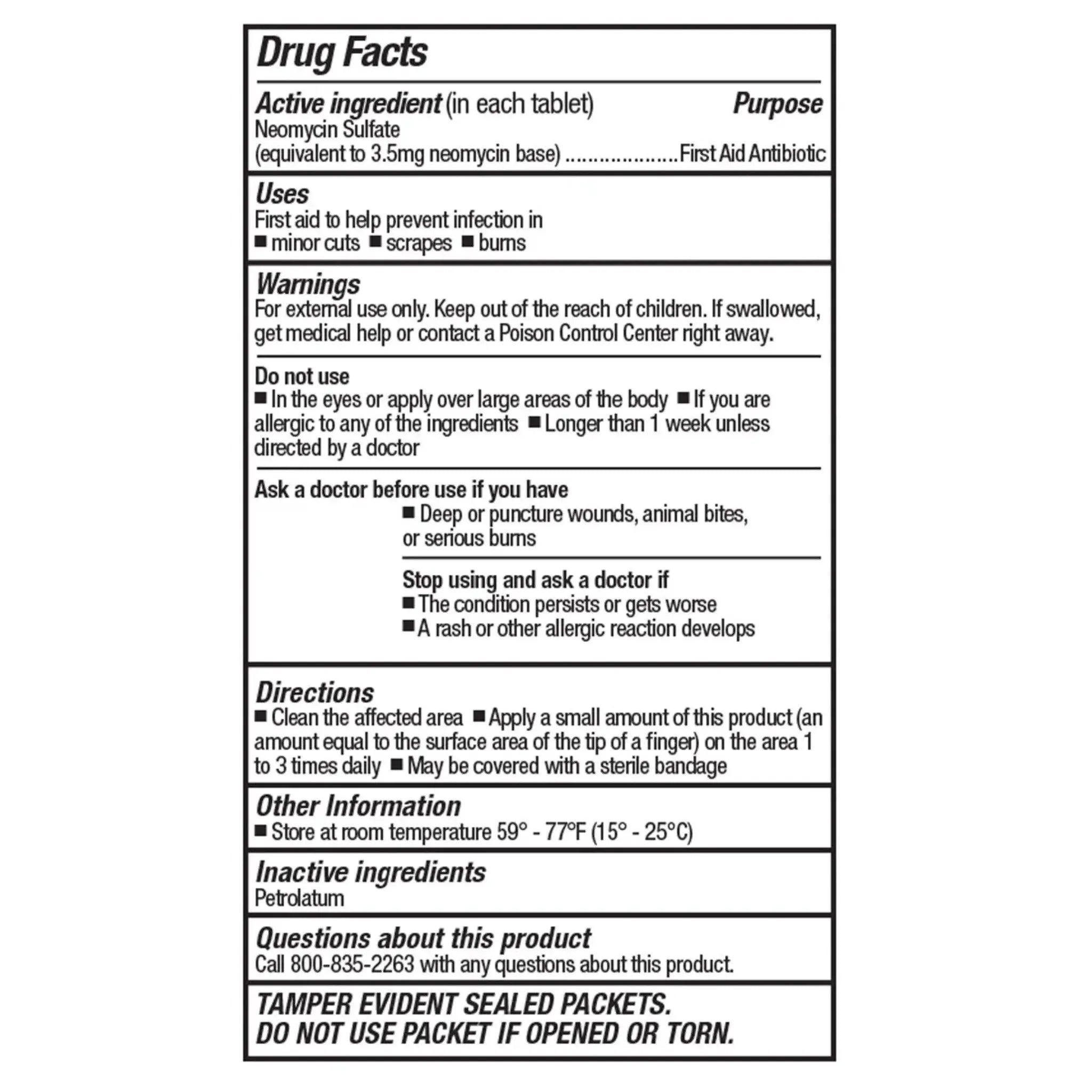 ACME UNITED CORPORATION First Aid Only FAE-7021 SmartCompliance Antibiotic Ointment, 0.9 Gram, Back of Box, Facts