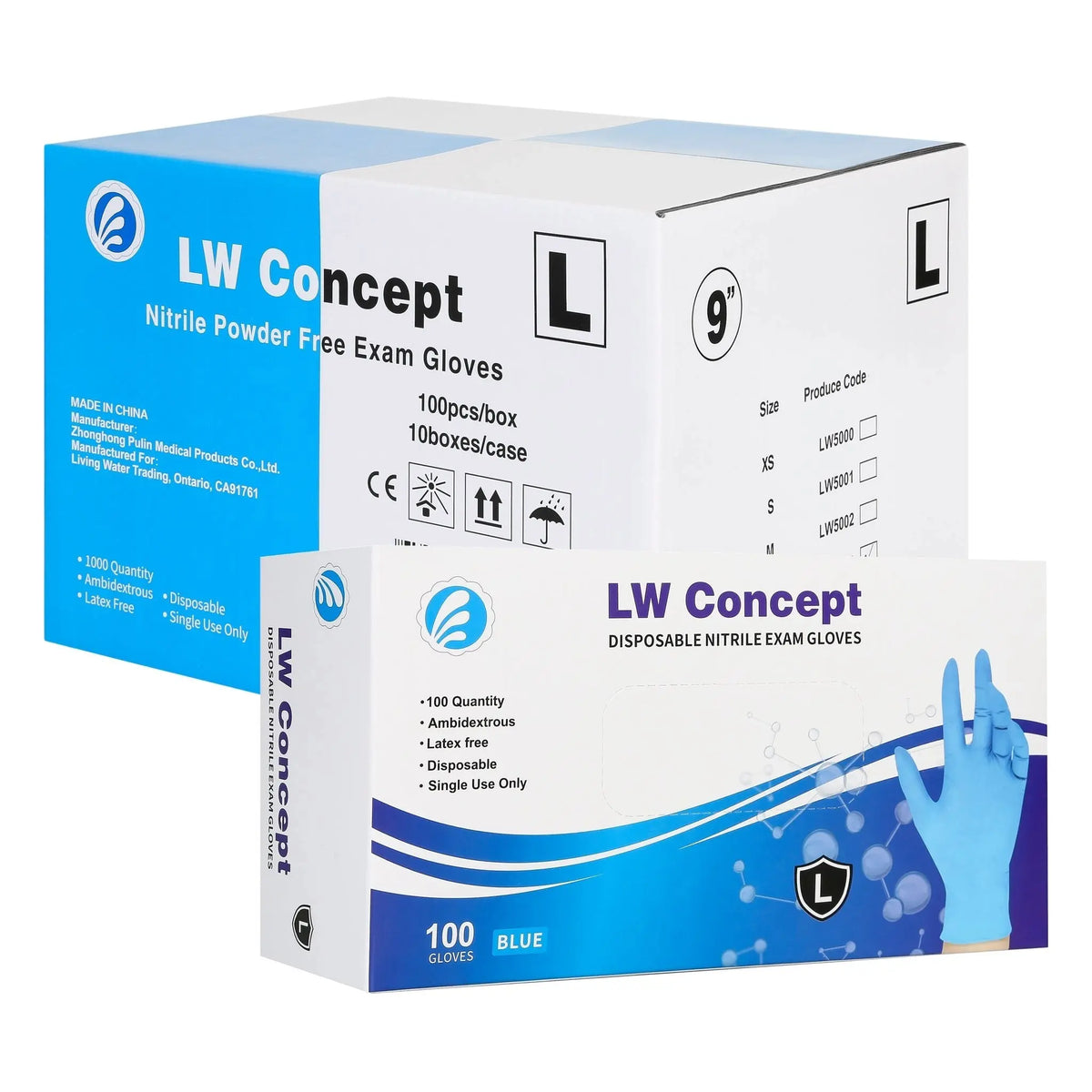 LW Concept LW500 Series Nitrile Blue Gloves_Case_and_Box Image