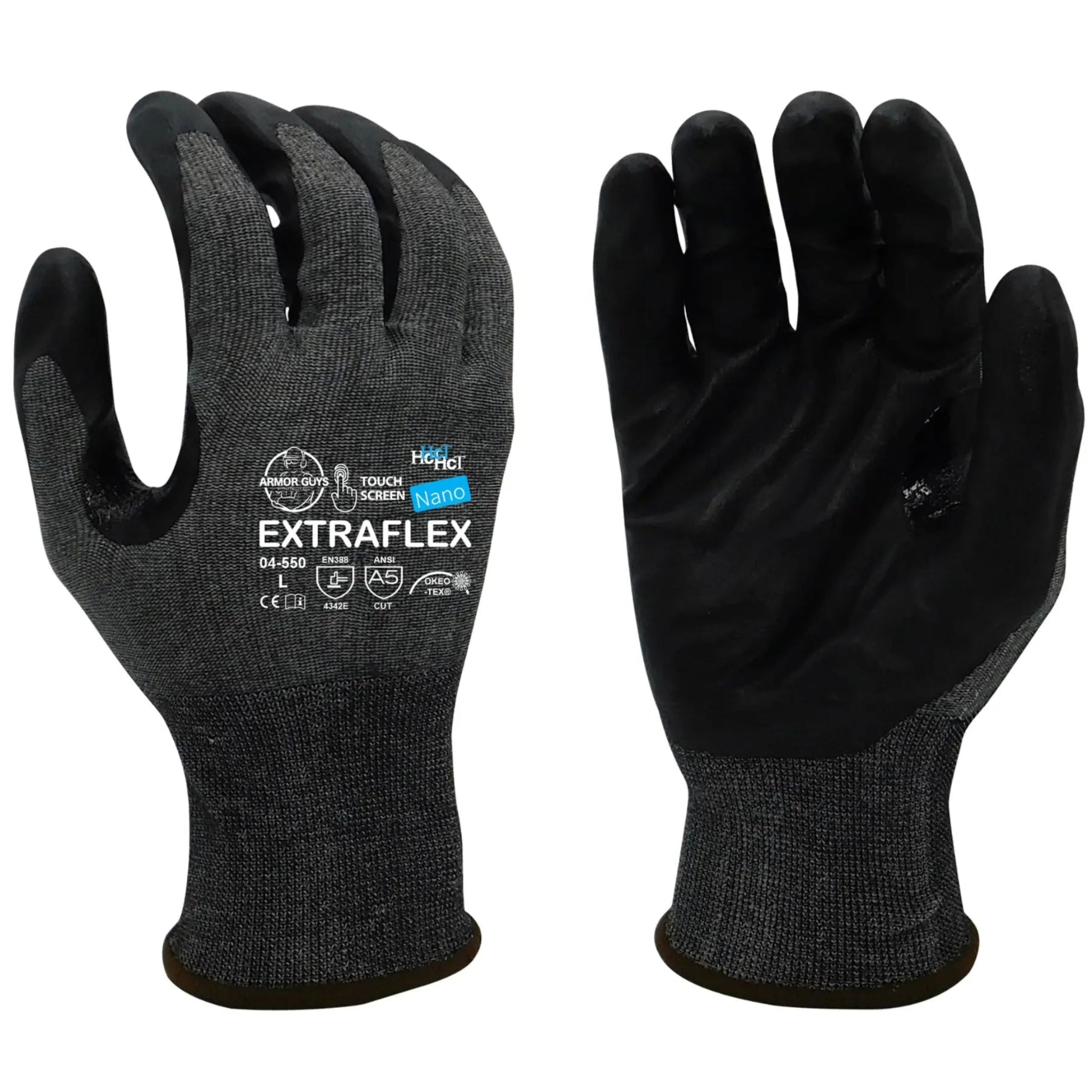Armor Guys ExtraFlex 04-550-L Cut Resistant Gloves, ANSI A5, Large, Black, Front and Back