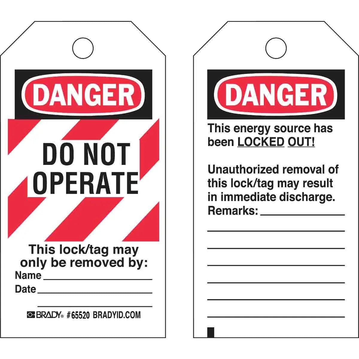 BRADY WORLDWIDE 65520 DANGER Do Not Operate Energy Source Lockout Tagout Tags, main image