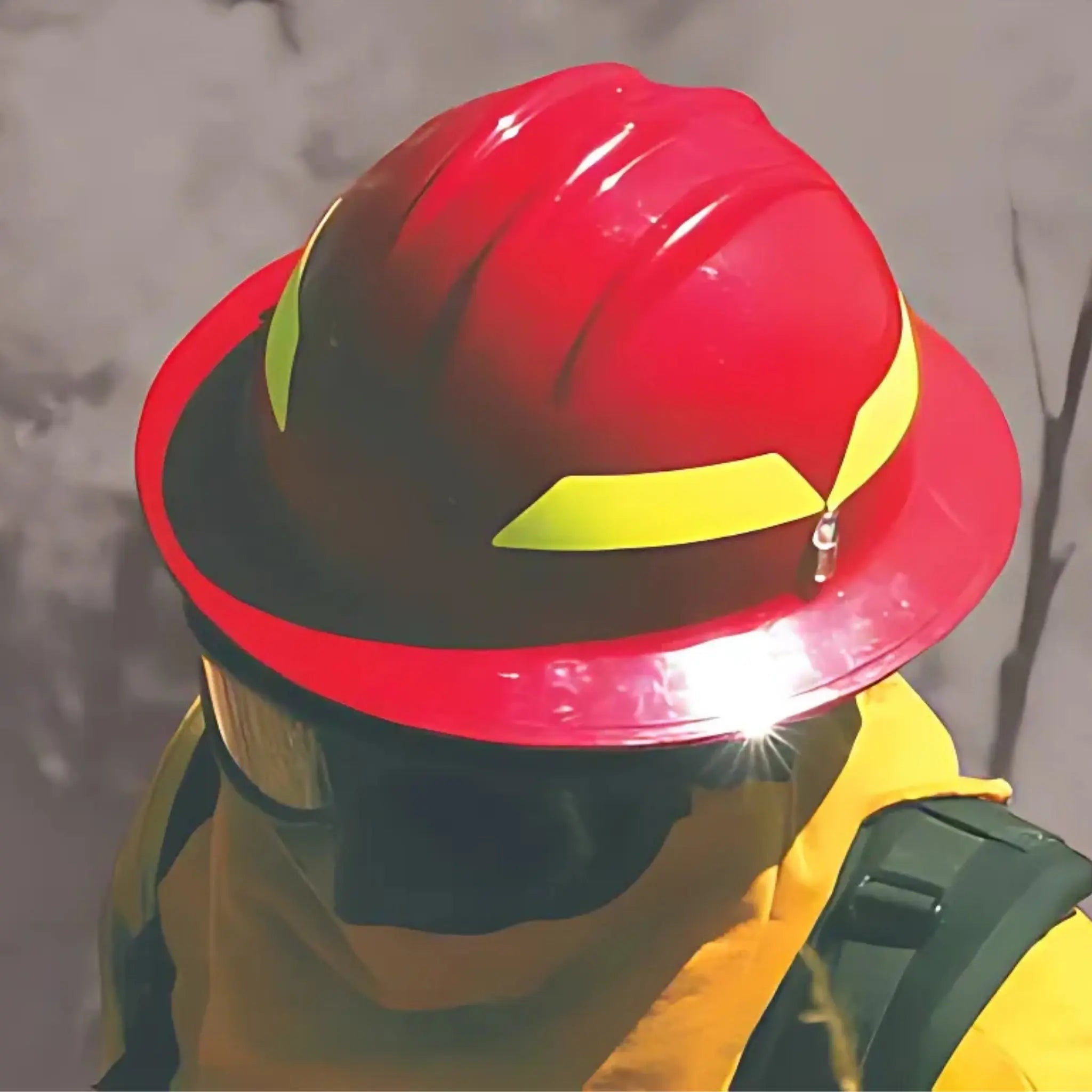 Bullard FH911HR Full Brim Wildfire Helmet, Ratchet Suspension, 1 Each, Red Color, Action Shot