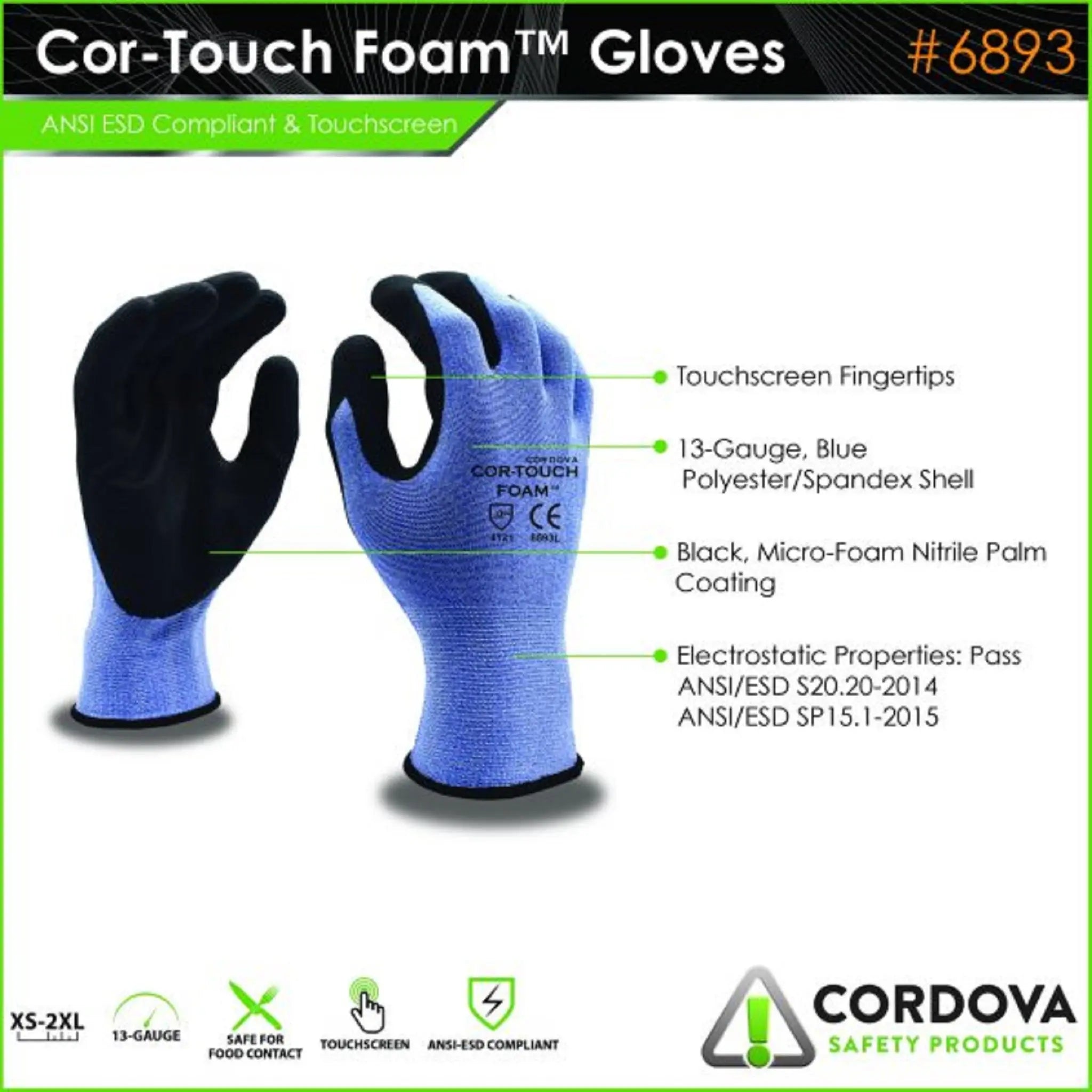 Cordova Cor-Touch Foam 6893 13-Gauge Microfoam Nitrile Coated Safety Gloves, Blue, Walkaround