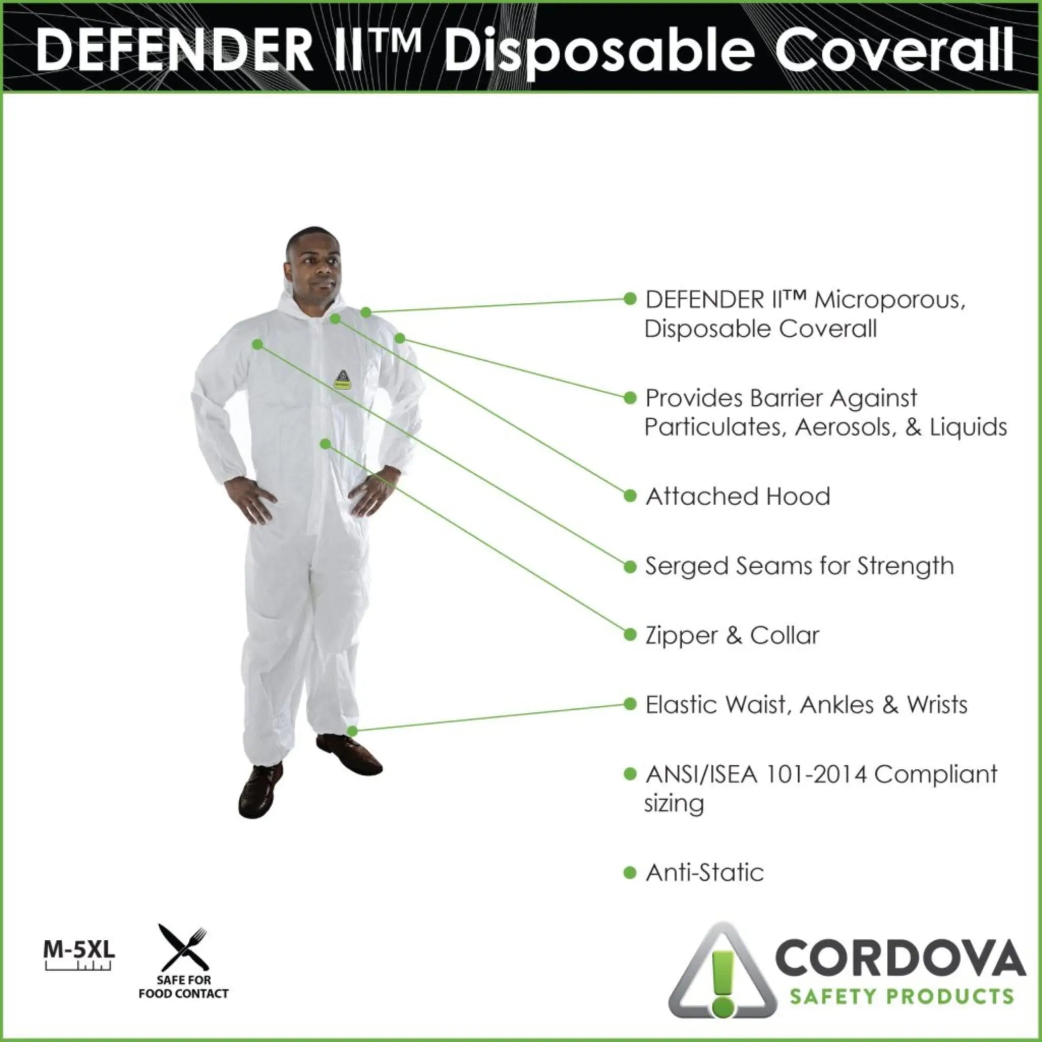 CORDOVA DEFENDER II MP300 Coverall with Hood, specification call outs