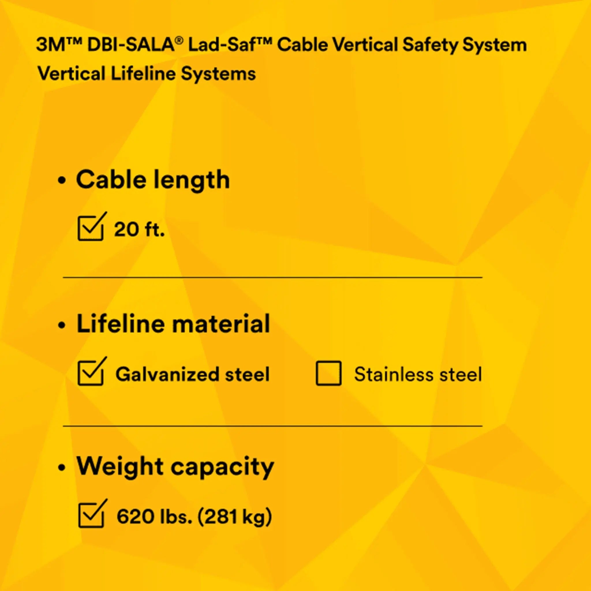3M DBI-Sala 6118020 Lad-Saf Cable Vertical Safety System, Galvanized Steel, 20 ft., 1 Each, Performance Data