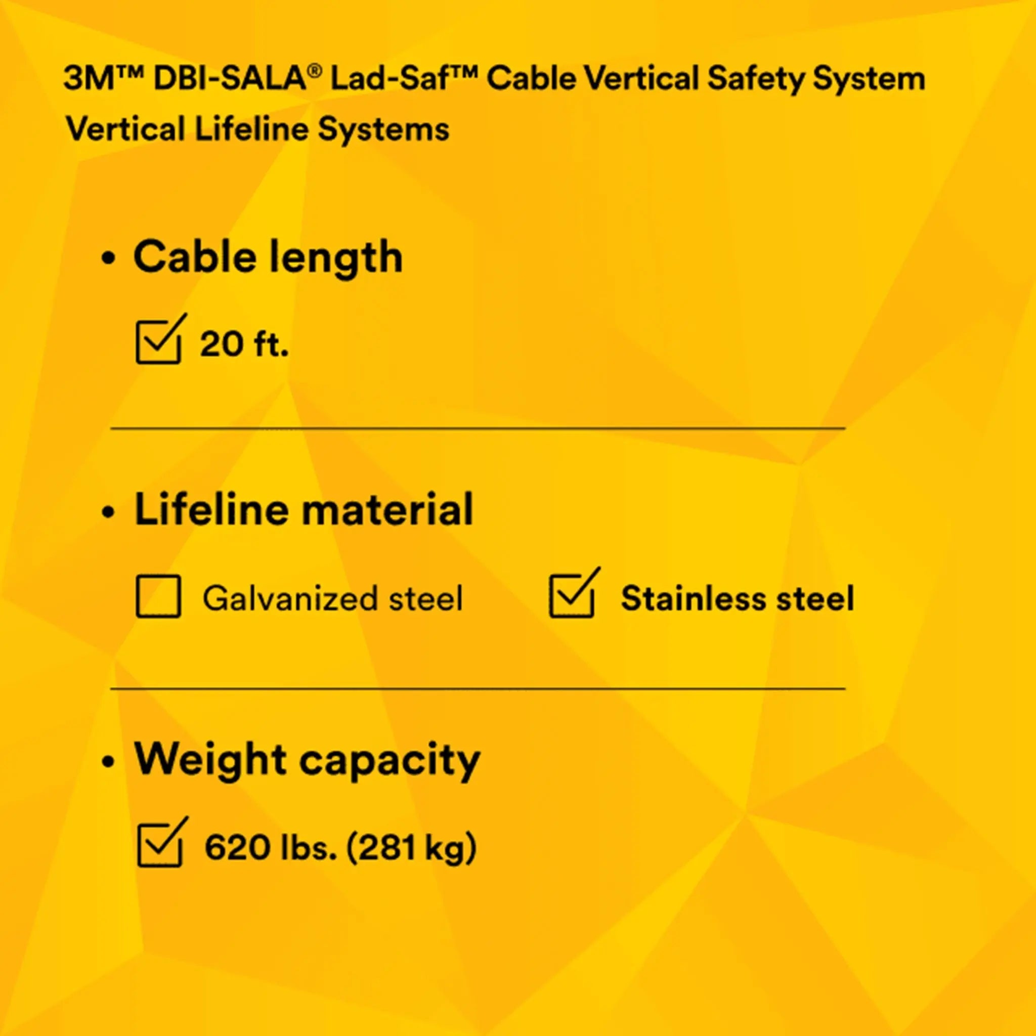 3M DBI-Sala 6119020 Lad-Saf Cable Vertical Safety System, Stainless Steel, 20 ft., 1 Each, Features