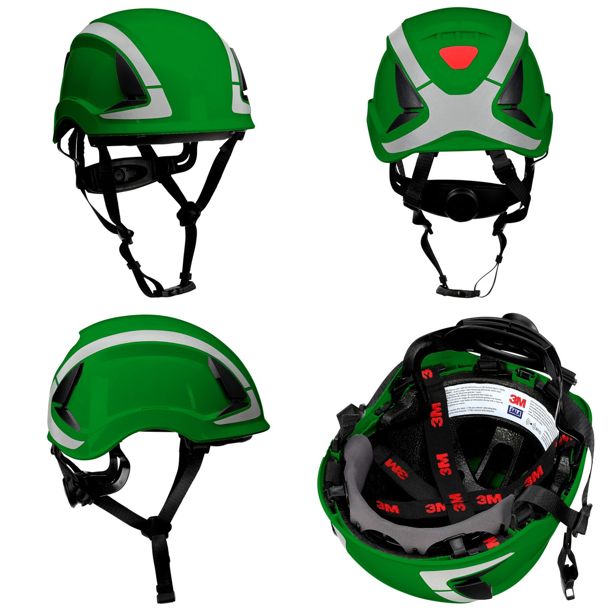 3M DBI-Sala X6000 Series Safety Helmet, Type II with SecureFit, Reflective, Uvicator, 1 Each, Non-Vented, Green, Angles
