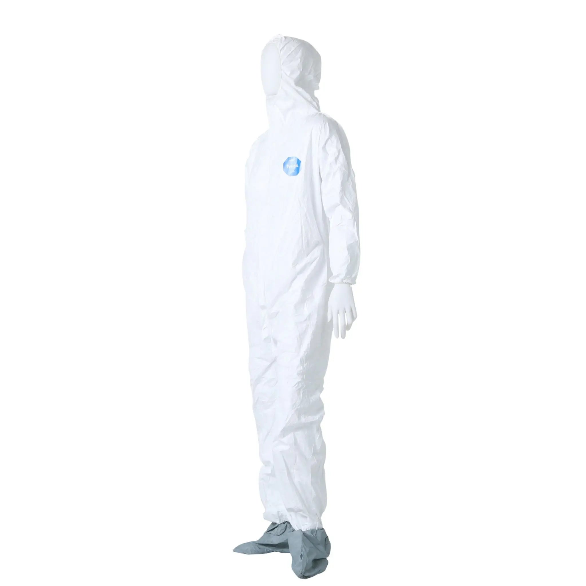 DuPont TY122SWH Tyvek 400 Coverall, Respirator Fit Hood with Elastic Wrists, Attached Skid-Resistant Boots, Left Side Angled View_2
