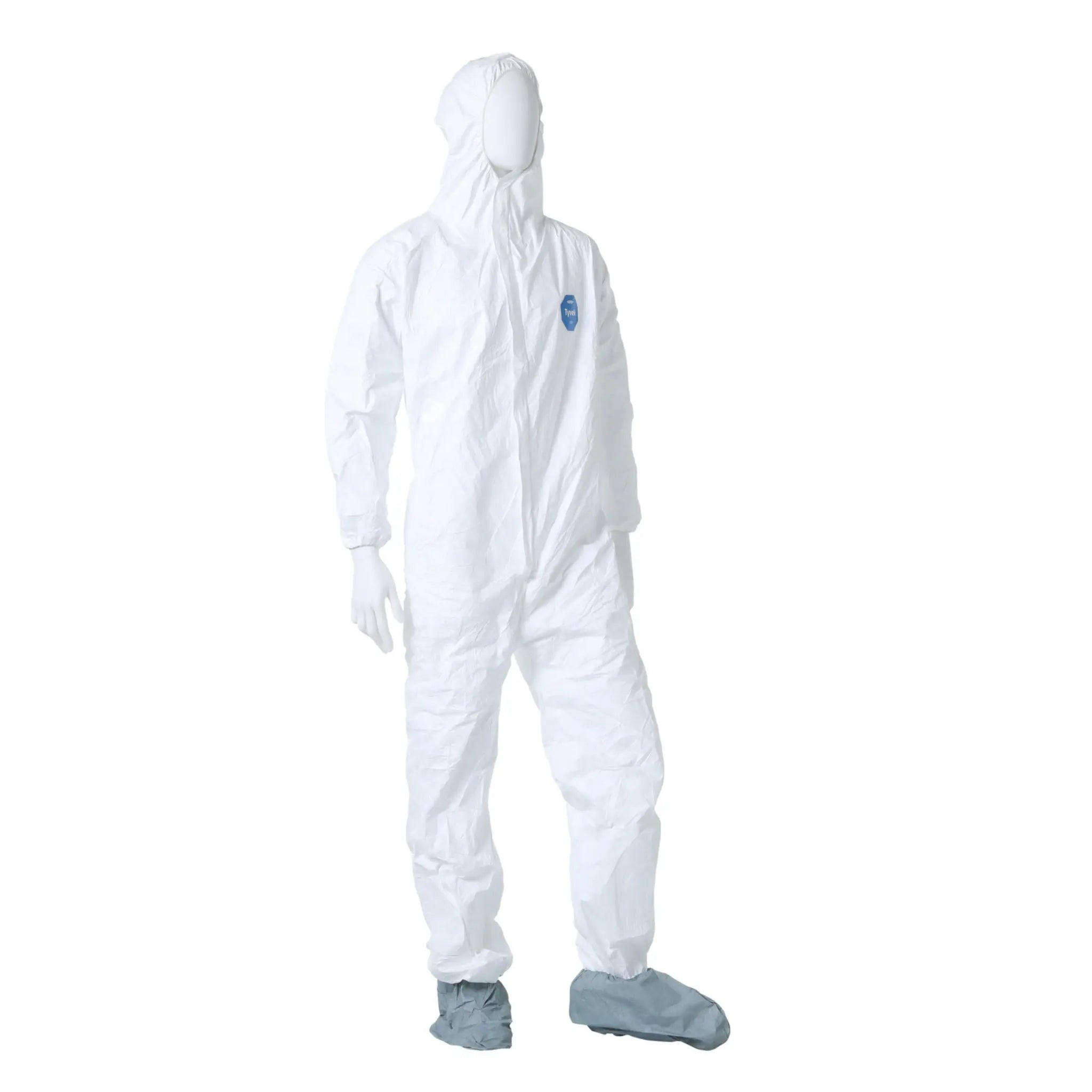DuPont TY122SWH Tyvek 400 Coverall, Respirator Fit Hood with Elastic Wrists, Attached Skid-Resistant Boots, Right Side Angled View_2