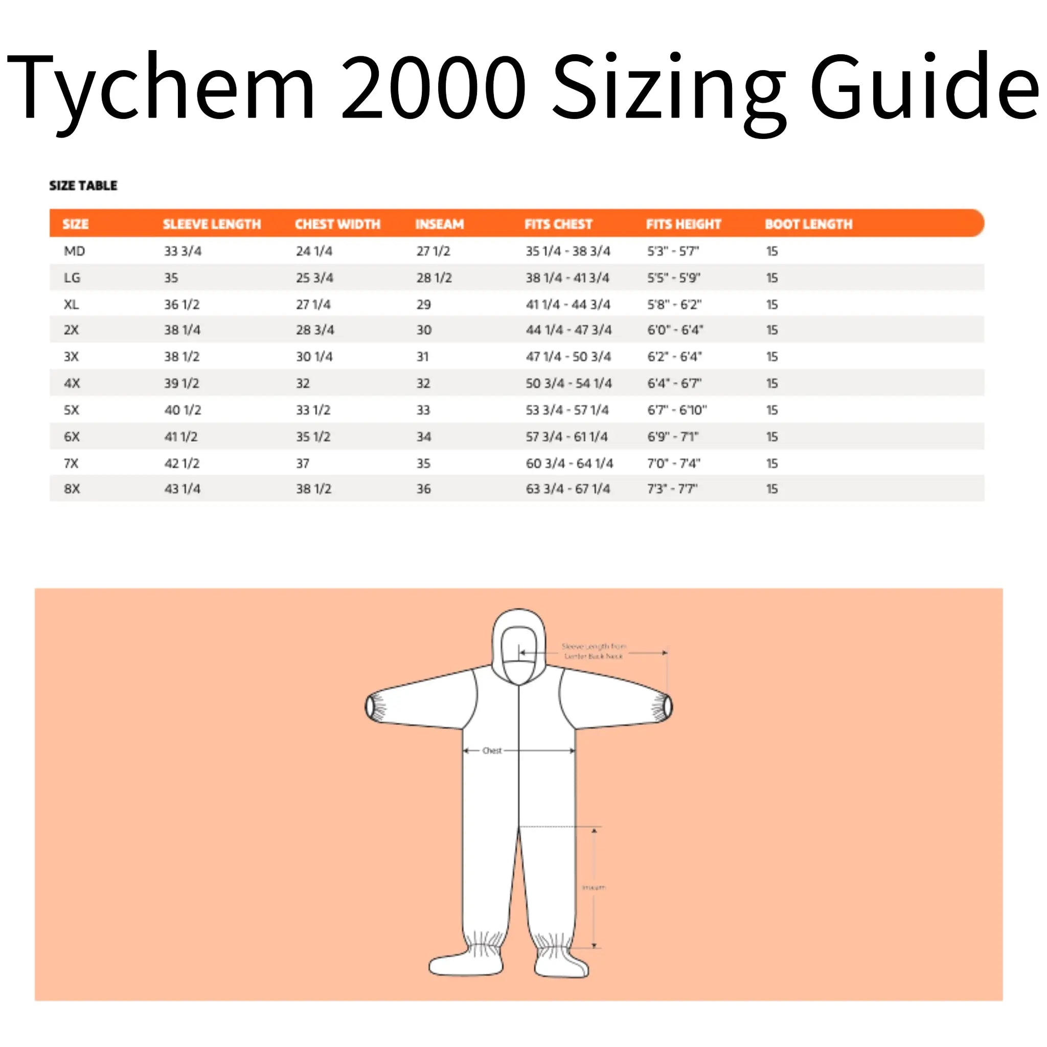 DuPont Tychem 2000 QC122SYL Chemical Protective Coverall with Hood, Size Guide