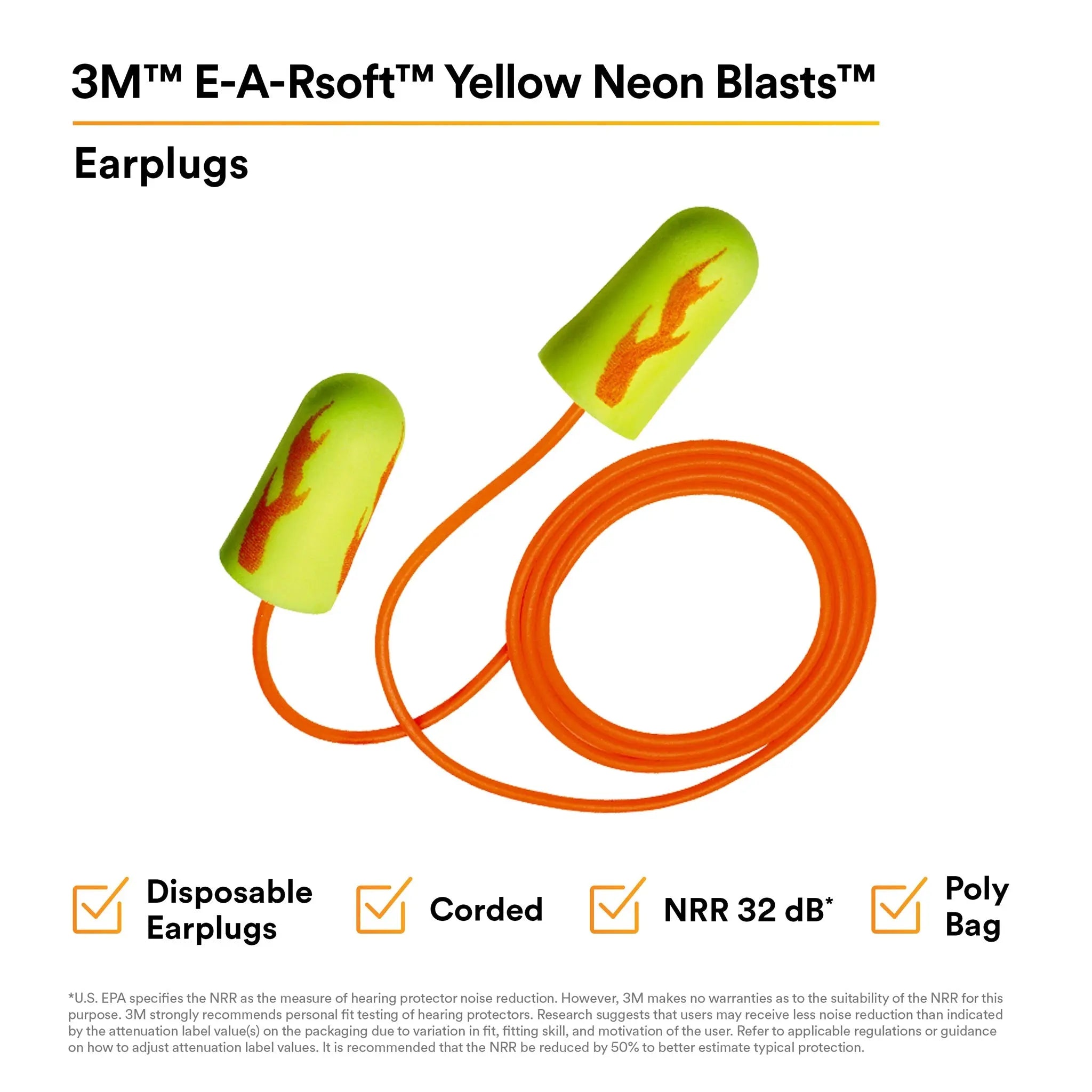 3M E-A-Rsoft 311-1252 Yellow Neons Blasts Corded Earplugs, Features