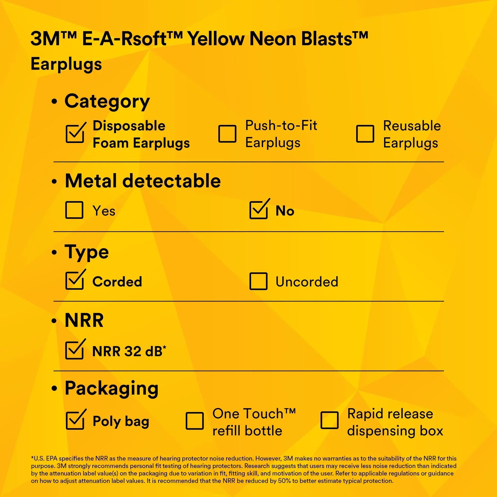 3M E-A-Rsoft 311-1252 Yellow Neons Blasts Corded Earplugs, Performance Data