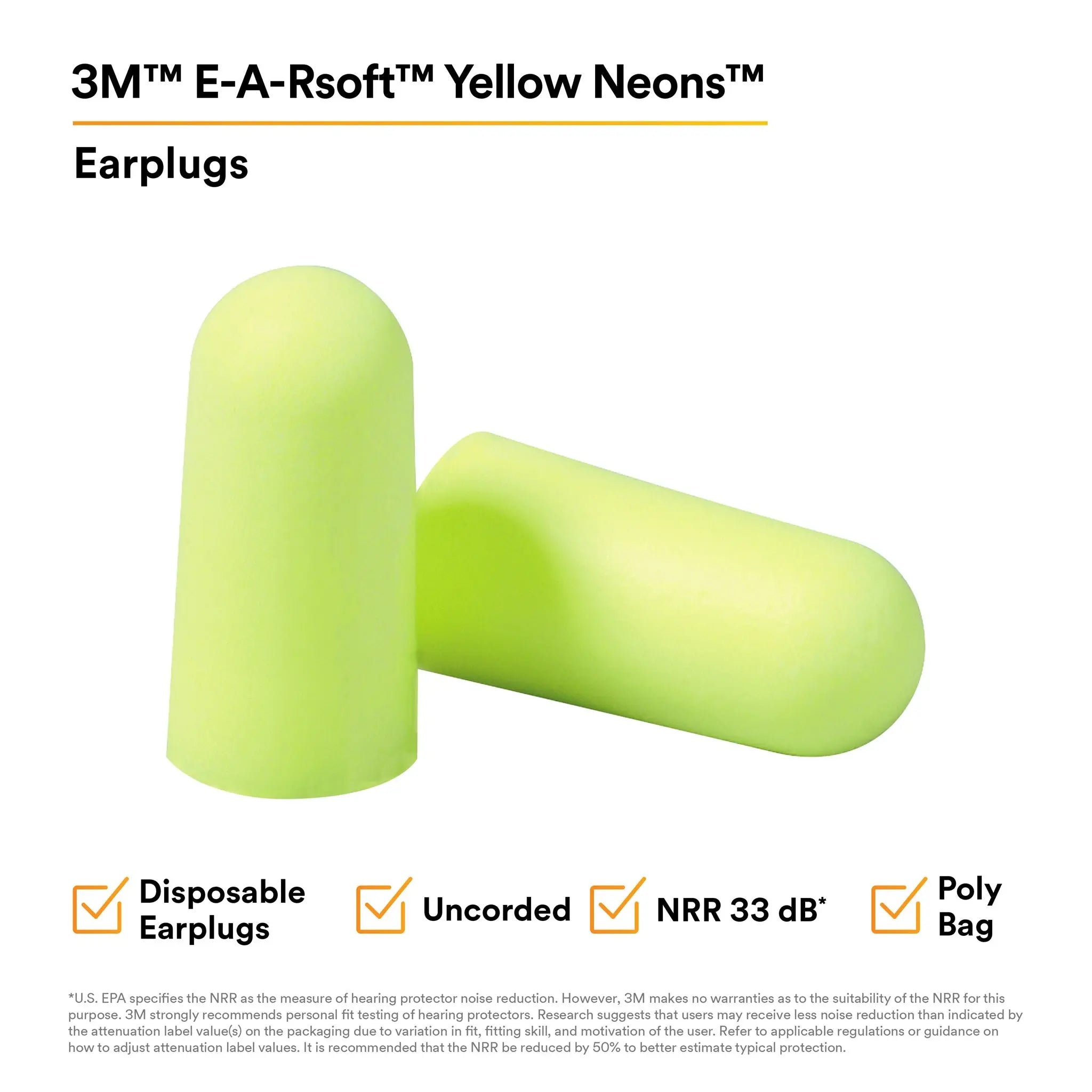 3M E-A-Rsoft Yellow Neons 312-1250 Uncorded Earplugs, Yellow, Regular, Box of 200