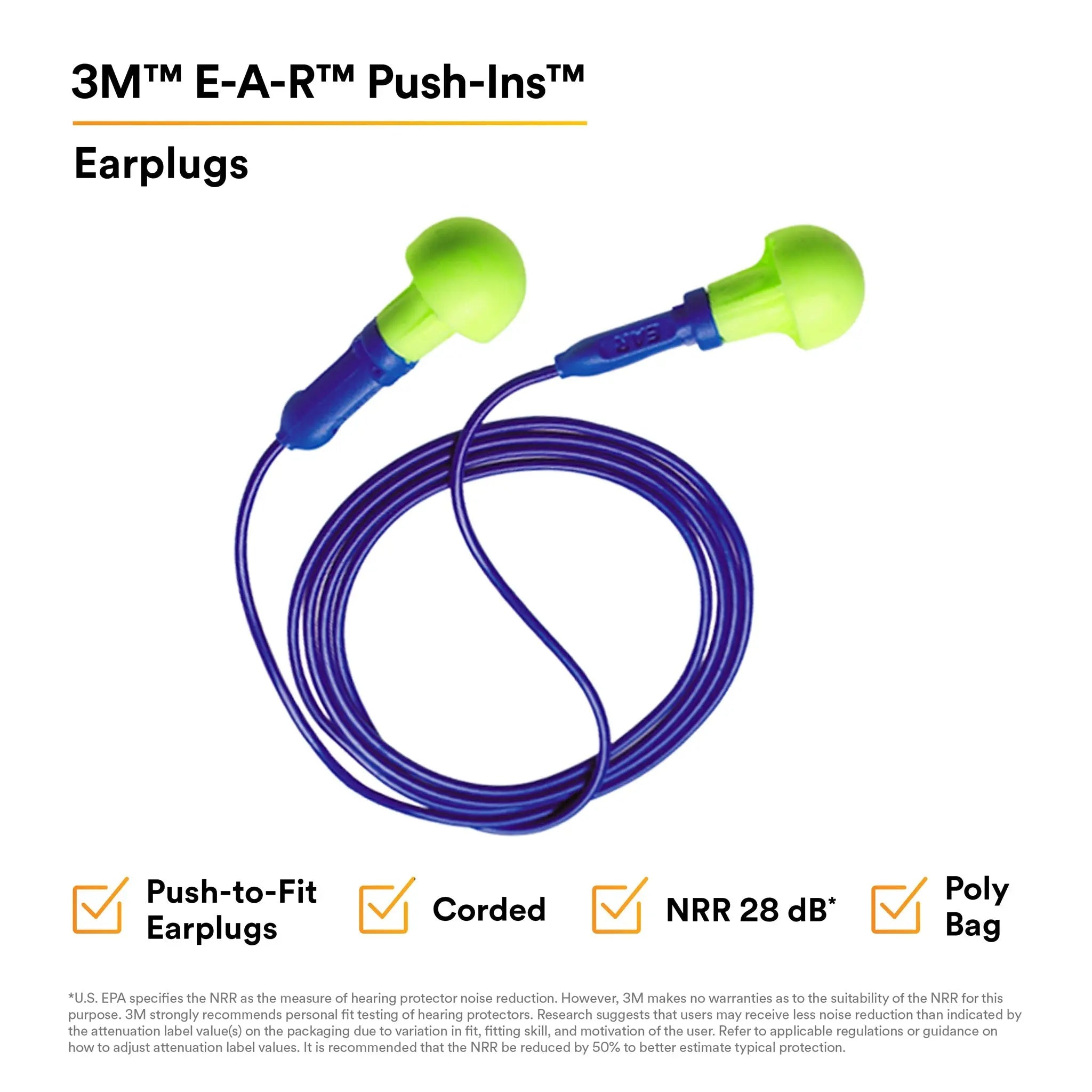 3M E-A-R Push-Ins 318-1001 Corded Earplugs, Features