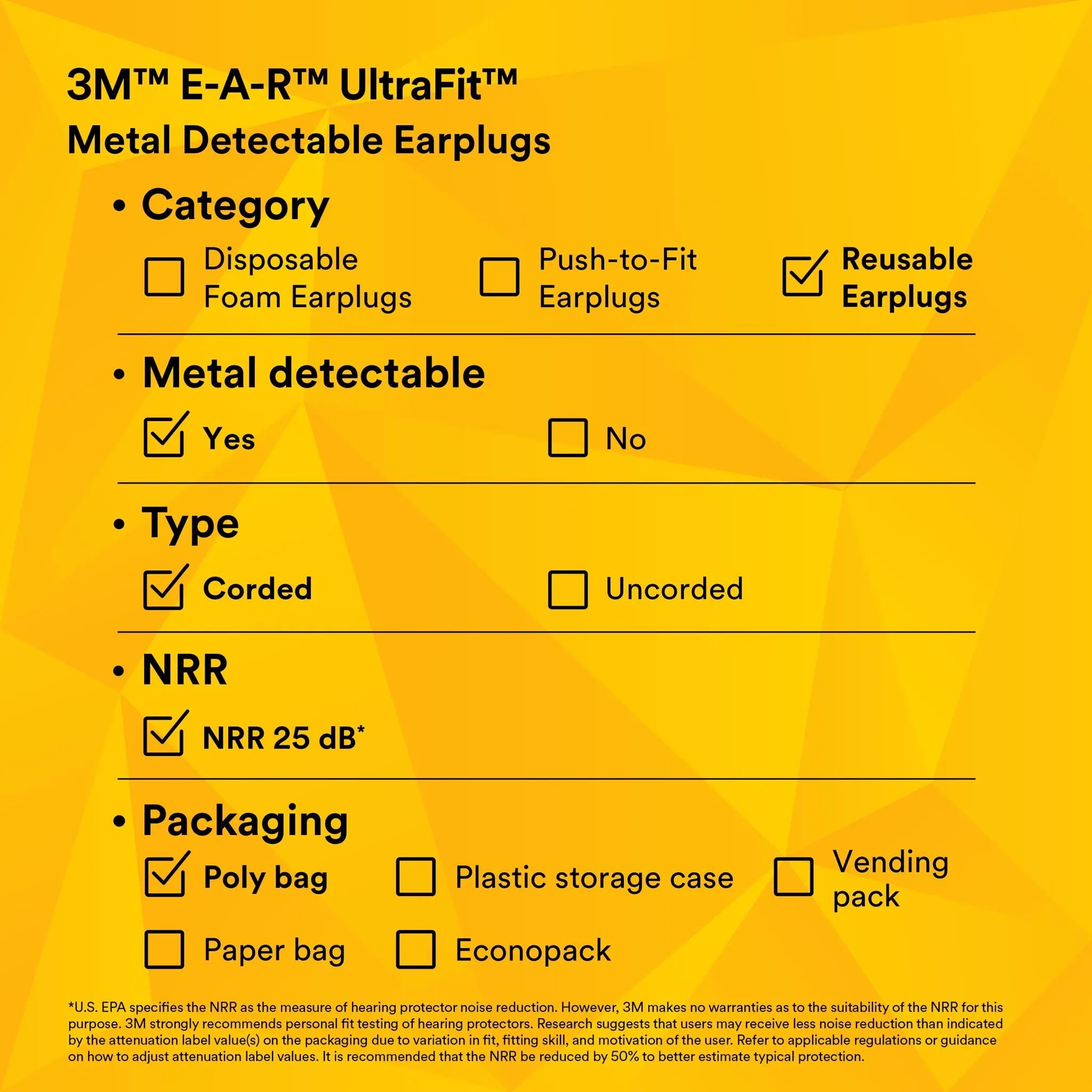 3M E-A-R 340-4007 UltraFit Earplugs, Metal Detectable, Corded, Performance Data