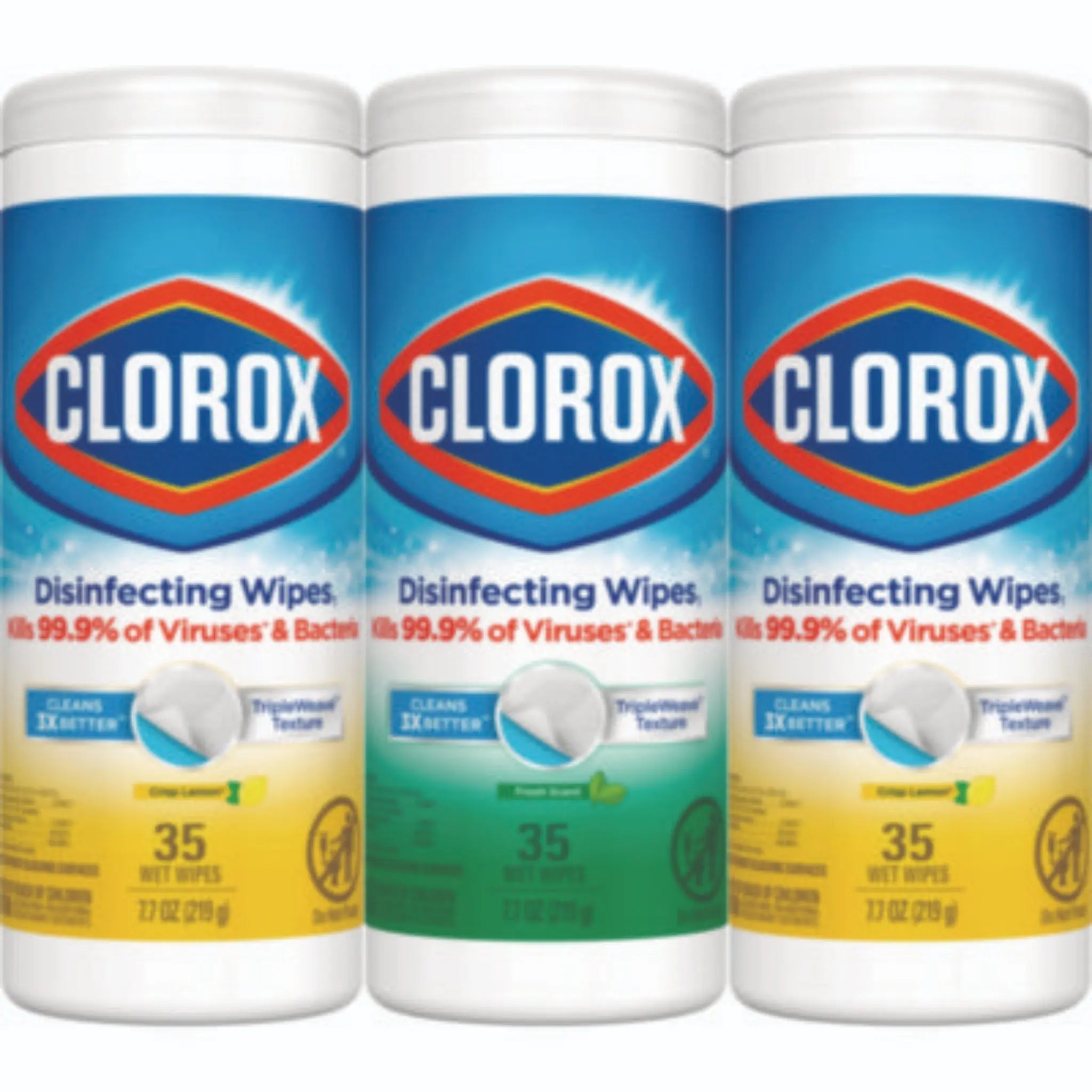 CLOROX SALES CO. CLO30112 Disinfecting Wipes, 1-Ply, 7 x 8, Fresh Scent/Citrus Blend, White, Canister of 35, Pack of 3 Canisters