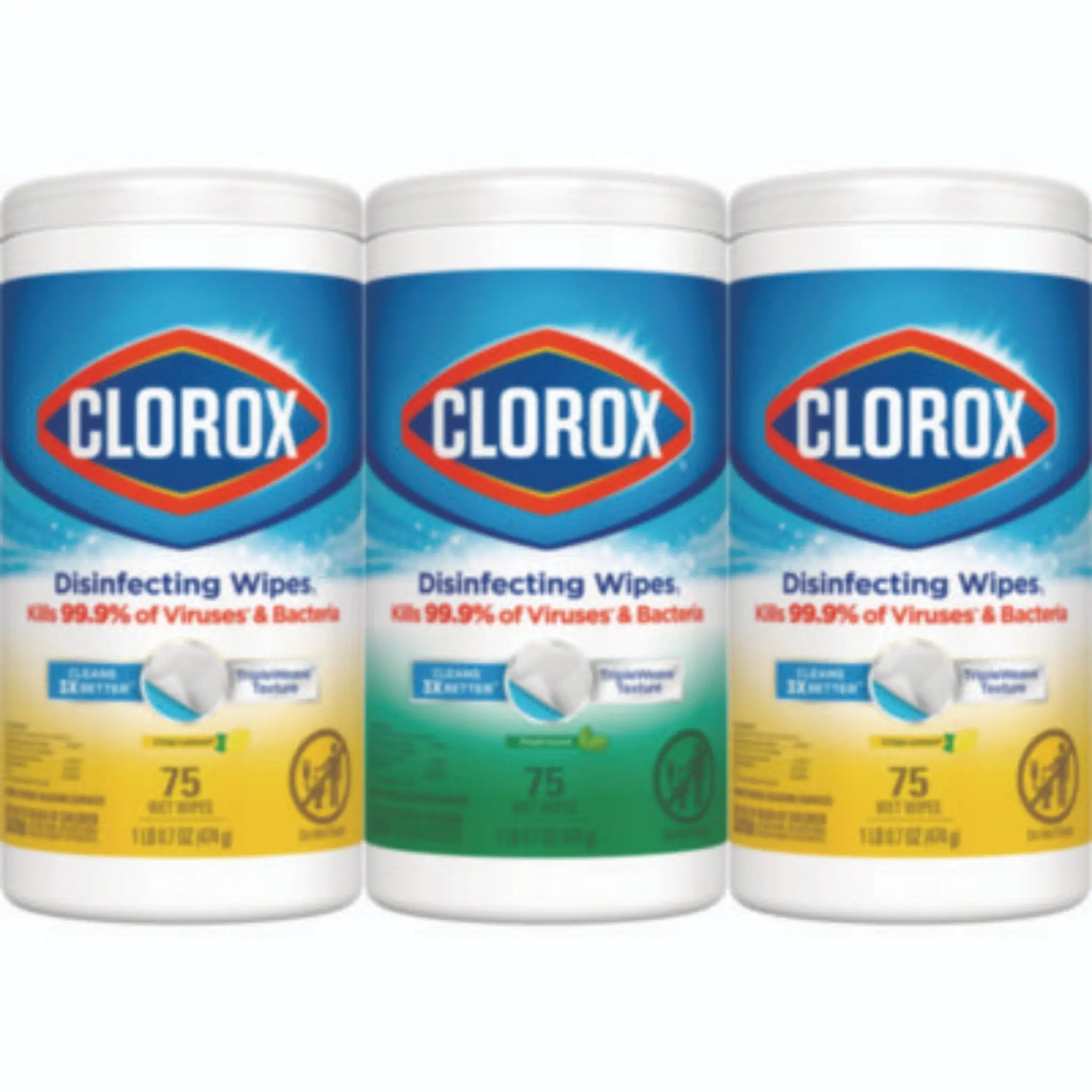 CLOROX SALES CO. CLO30208PK Disinfecting WIpes, 1-Ply, 7 x 8, Fresh Scent/Citrus Blend, White, Canister of 75, Pack of 3 Canisters