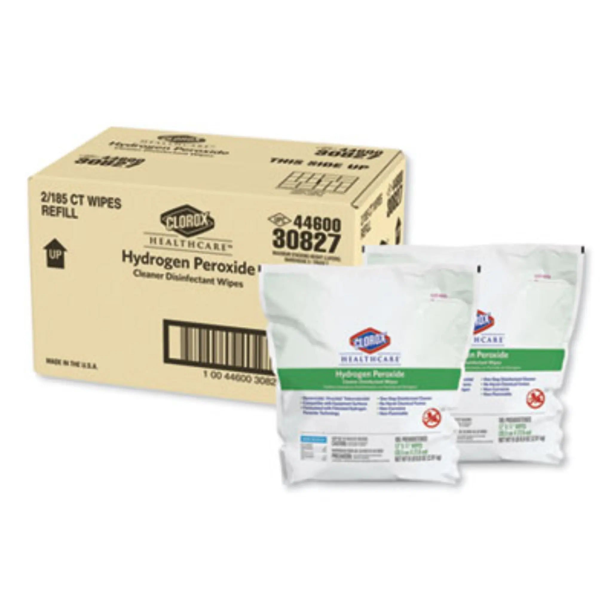 CLOROX SALES CO. CLO30827 Hydrogen Peroxide Cleaner Disinfectant Wipes, 12 x 11, Unscented, White, Pack of 185, Carton of 2 Packs
