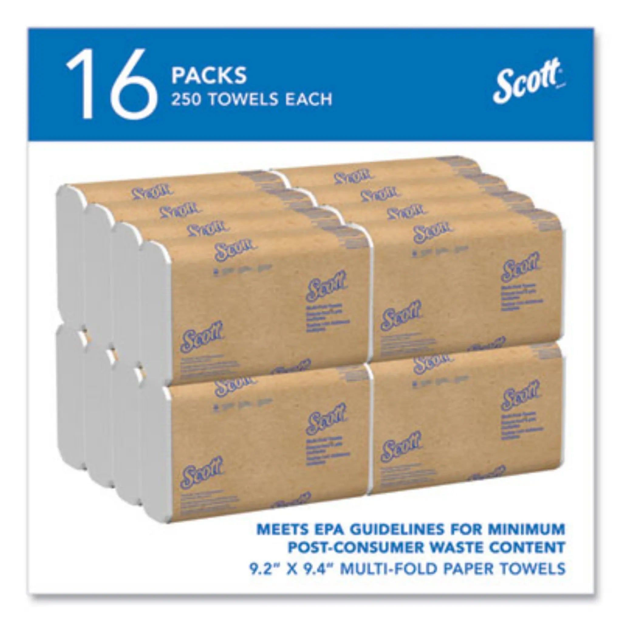 KIMBERLY-CLARK Scott 01804 Essential Multi-Fold Towels, Absorbency Pockets, 1-Ply, 9.2 x 9.4, White, Carton of 16 Packs